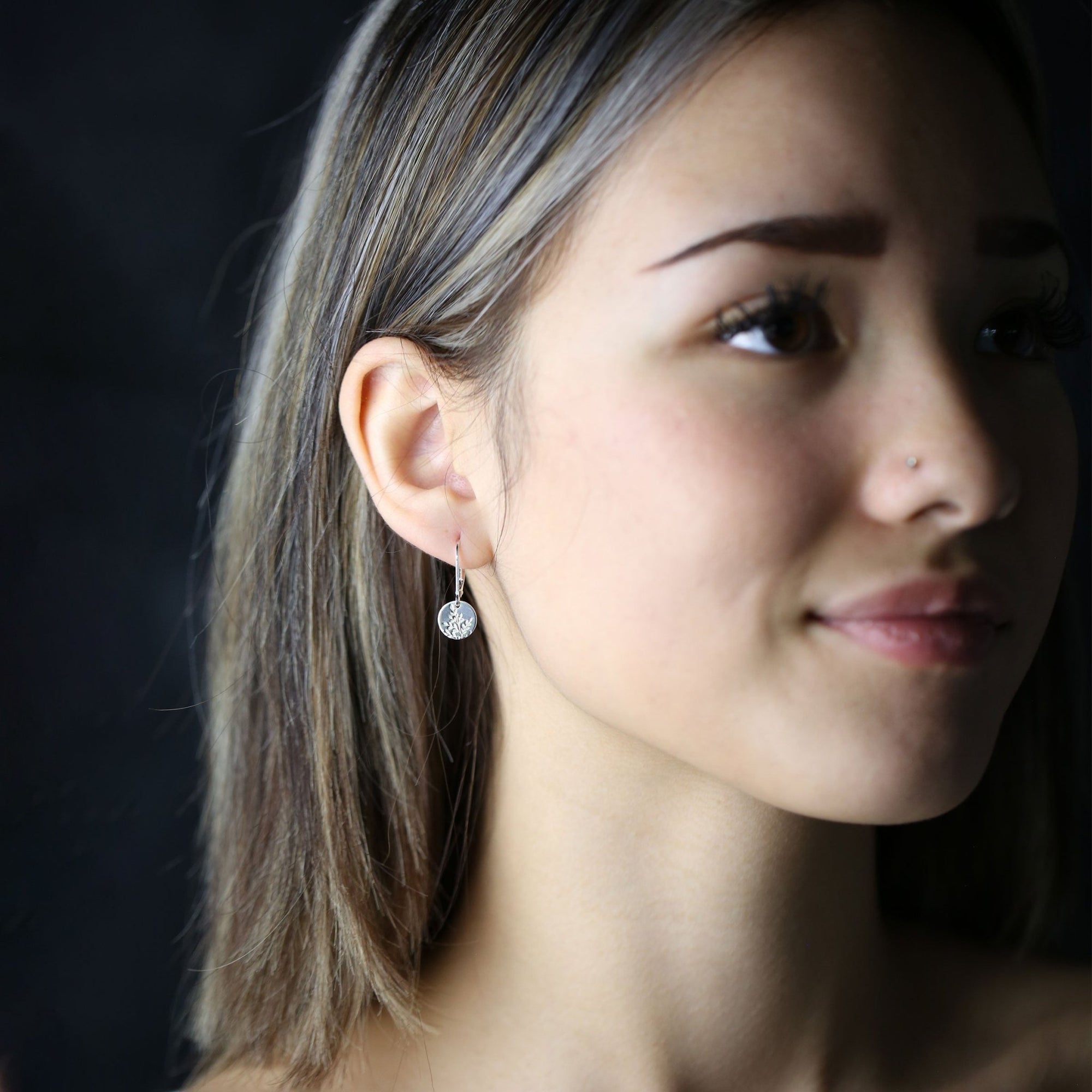 Silver Wildflower Tiny Disc Lever - back Earrings jewelry handmade by Burnish