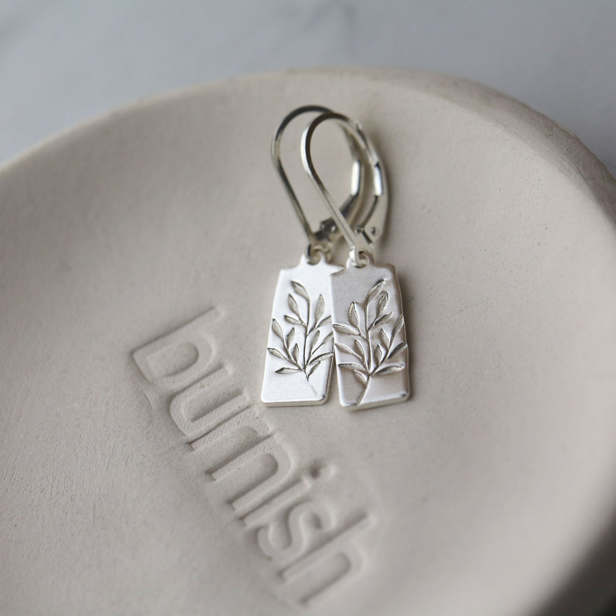 Silver Willow Leaves Tag Lever - back Earrings jewelry handmade by Burnish