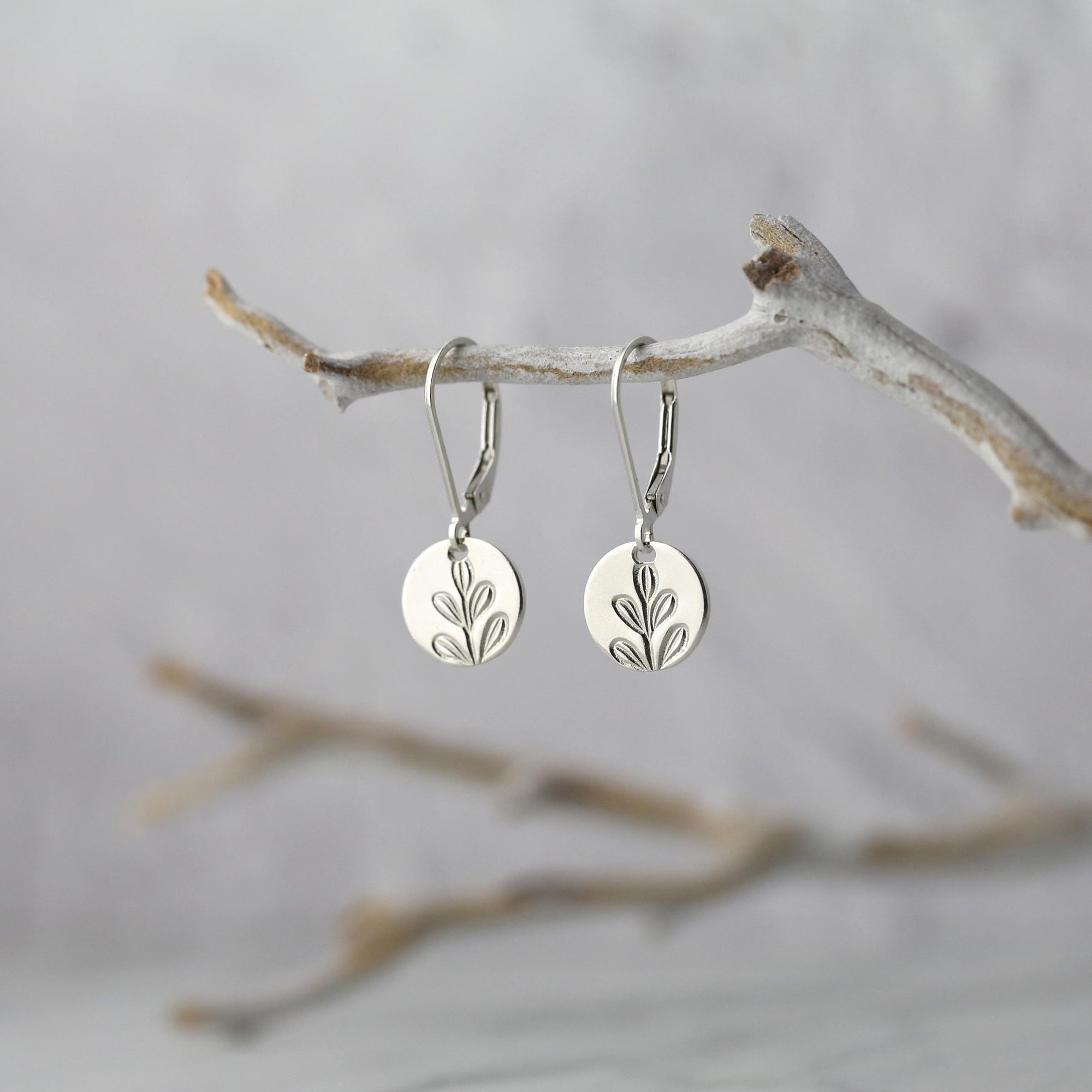 Stamped Botanical Tiny Disc Earrings handmade by Burnish