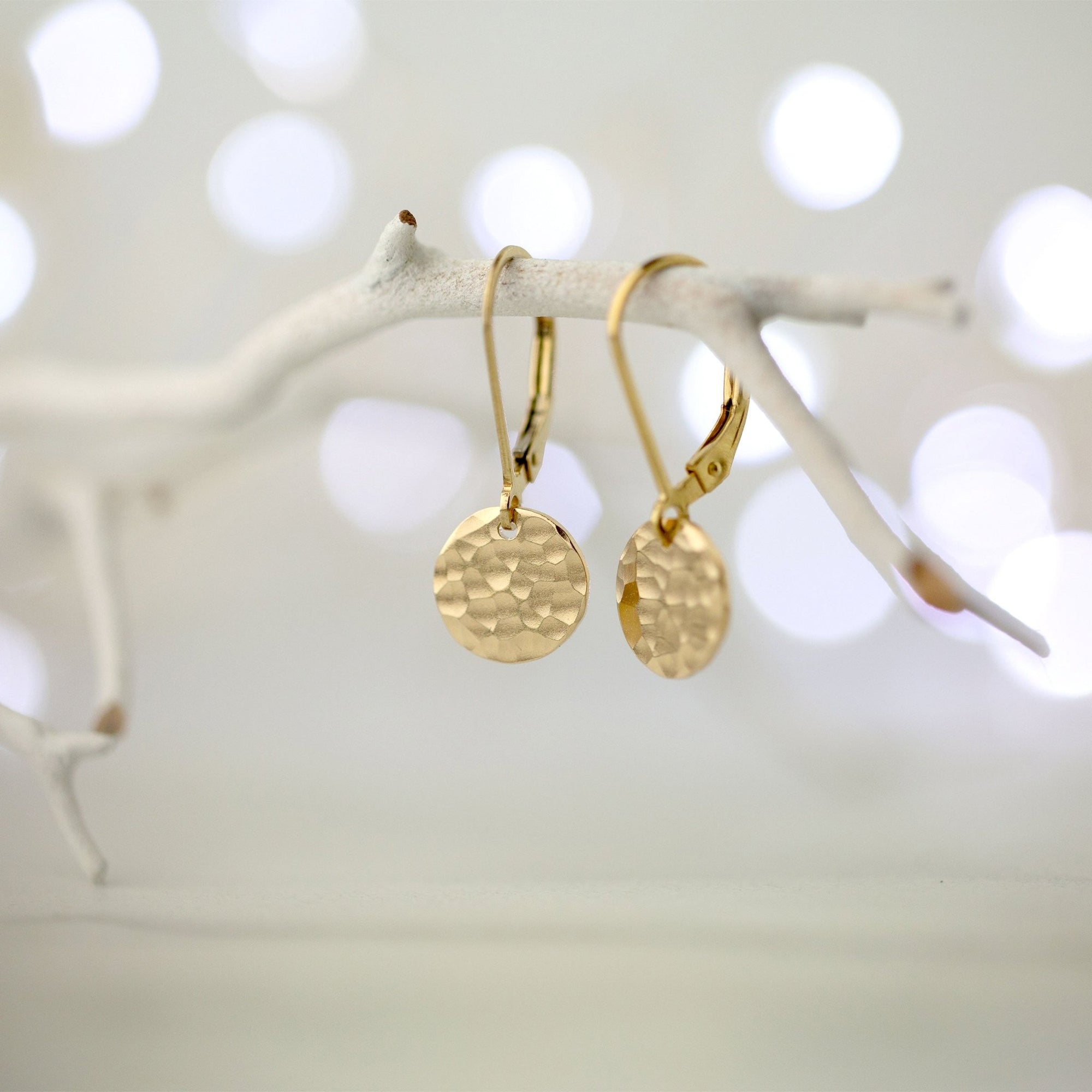 Tiny Gold Hammered Disc Lever - back Earrings jewelry handmade by Burnish