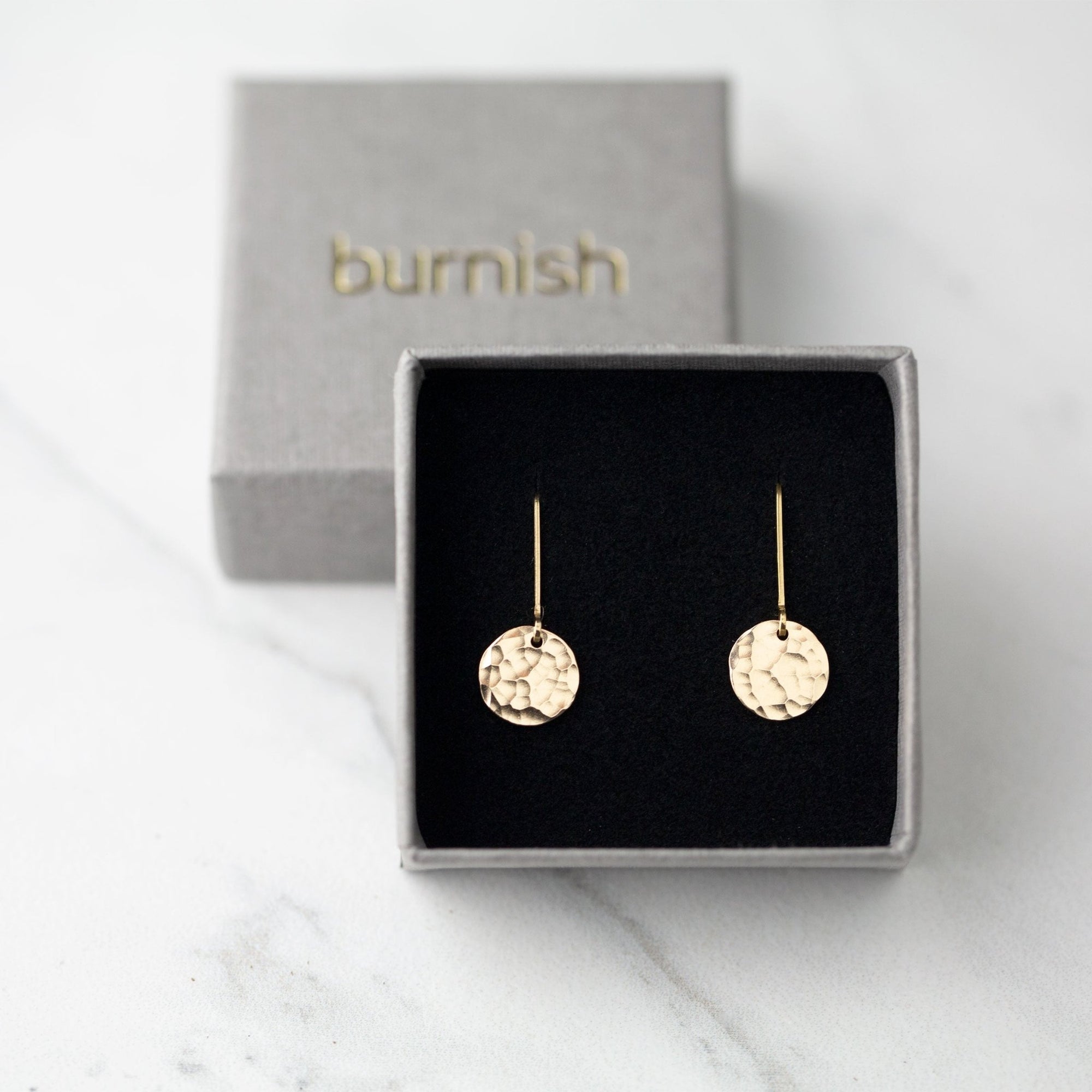 Tiny Gold Hammered Disc Lever - back Earrings jewelry handmade by Burnish