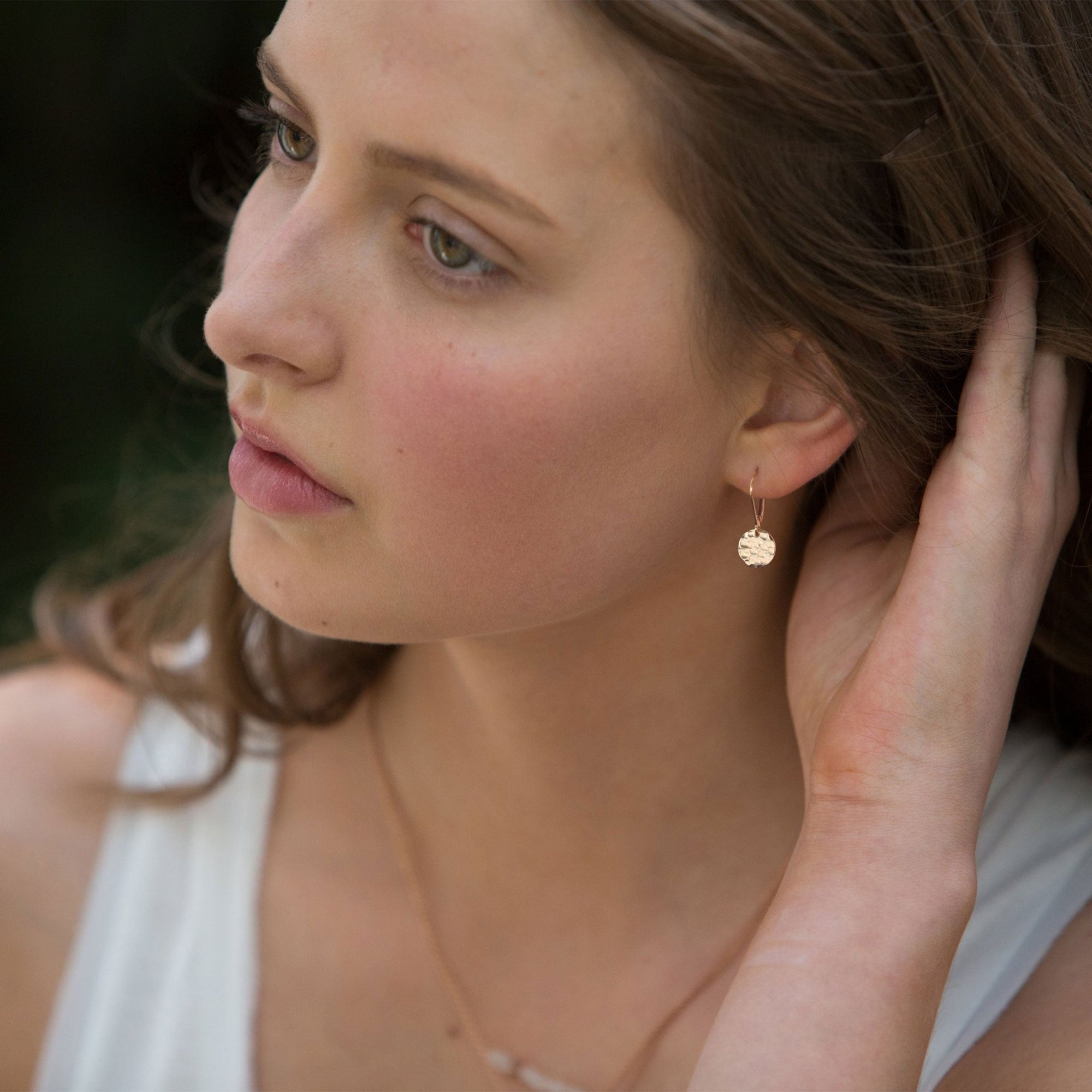 Tiny Gold Hammered Disc Lever - back Earrings jewelry handmade by Burnish