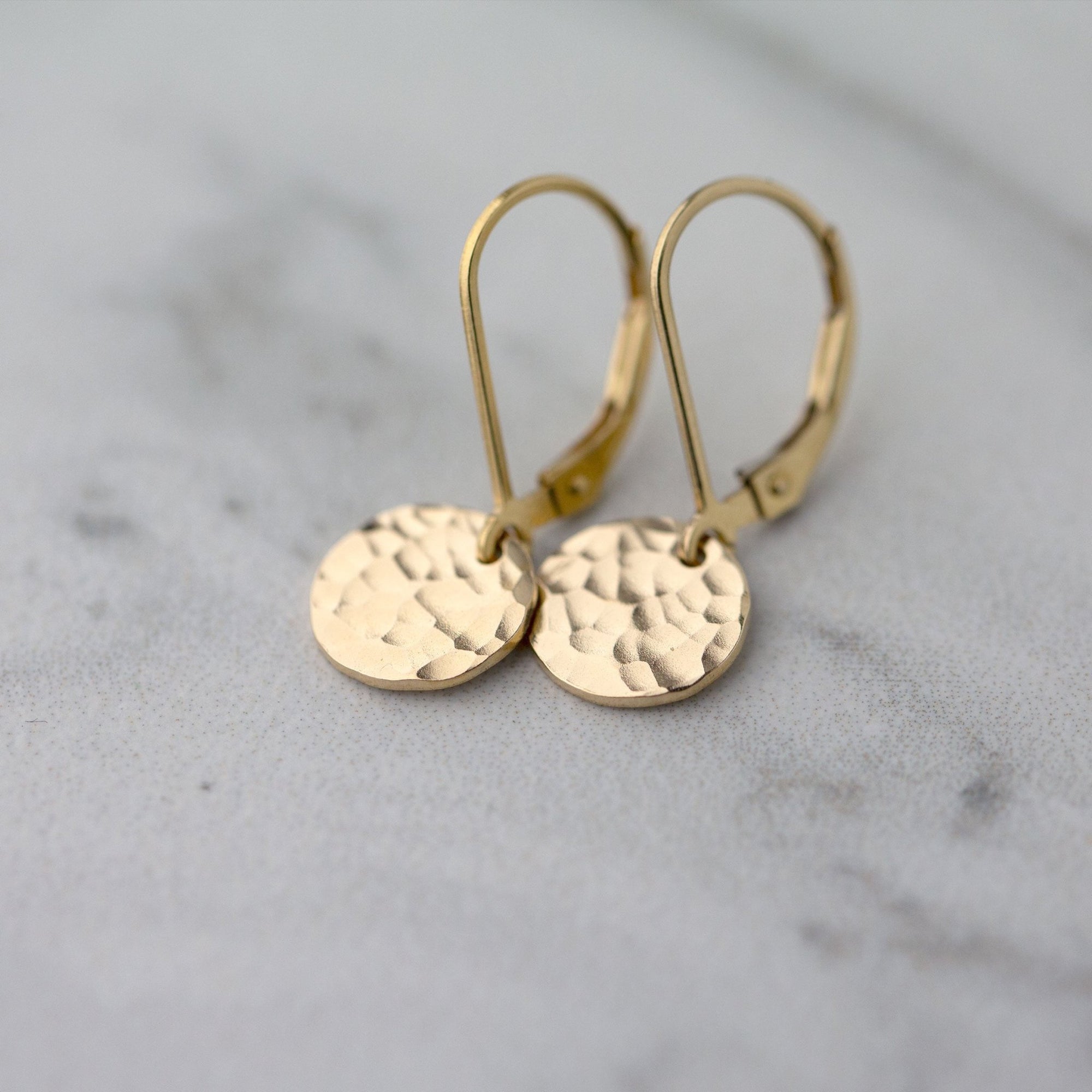 Tiny Gold Hammered Disc Lever-back Earrings