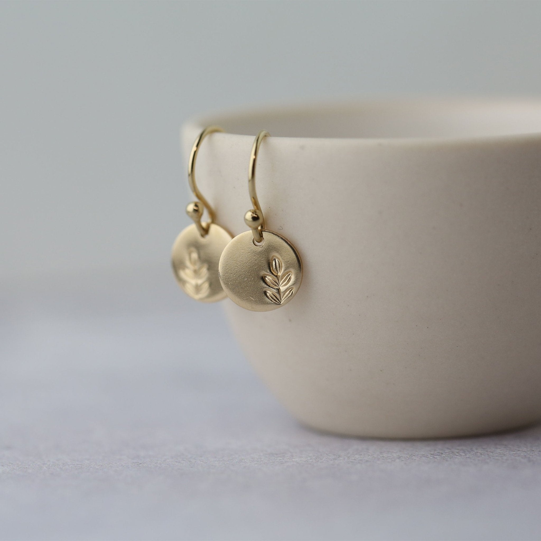 Tiny Gold Stamped Leaf Earrings