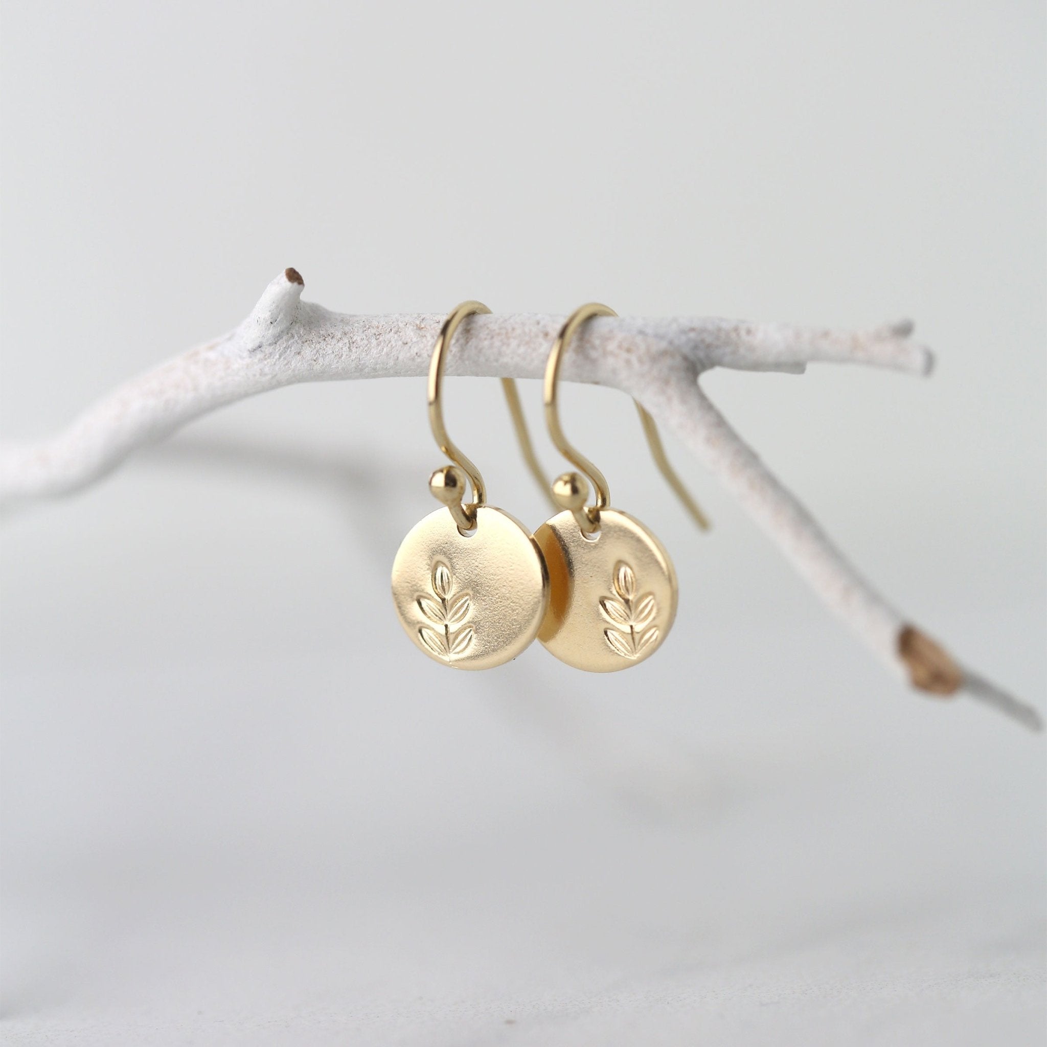 Tiny Gold Stamped Leaf Earrings
