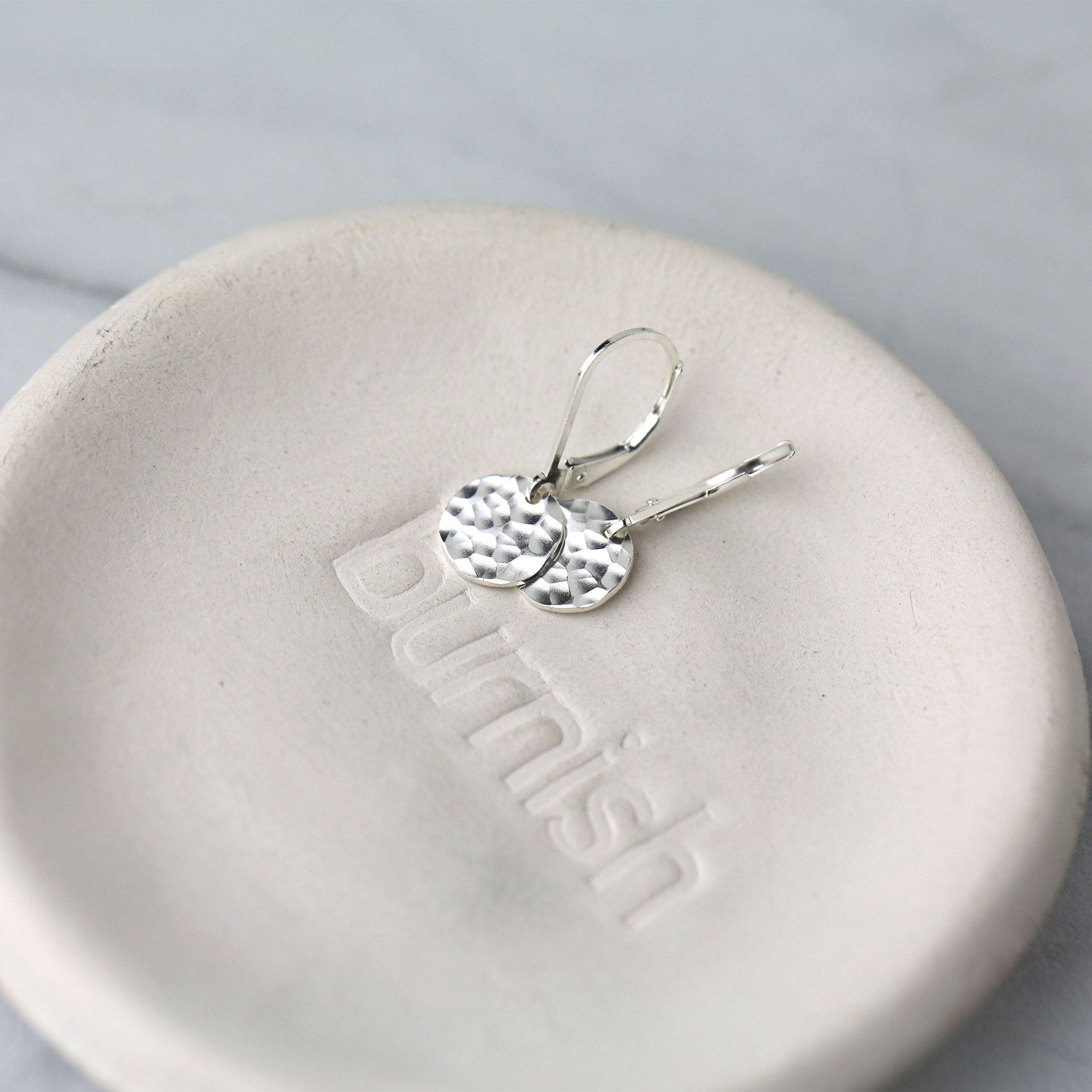 Tiny Silver Hammered Disc Lever-back Earrings