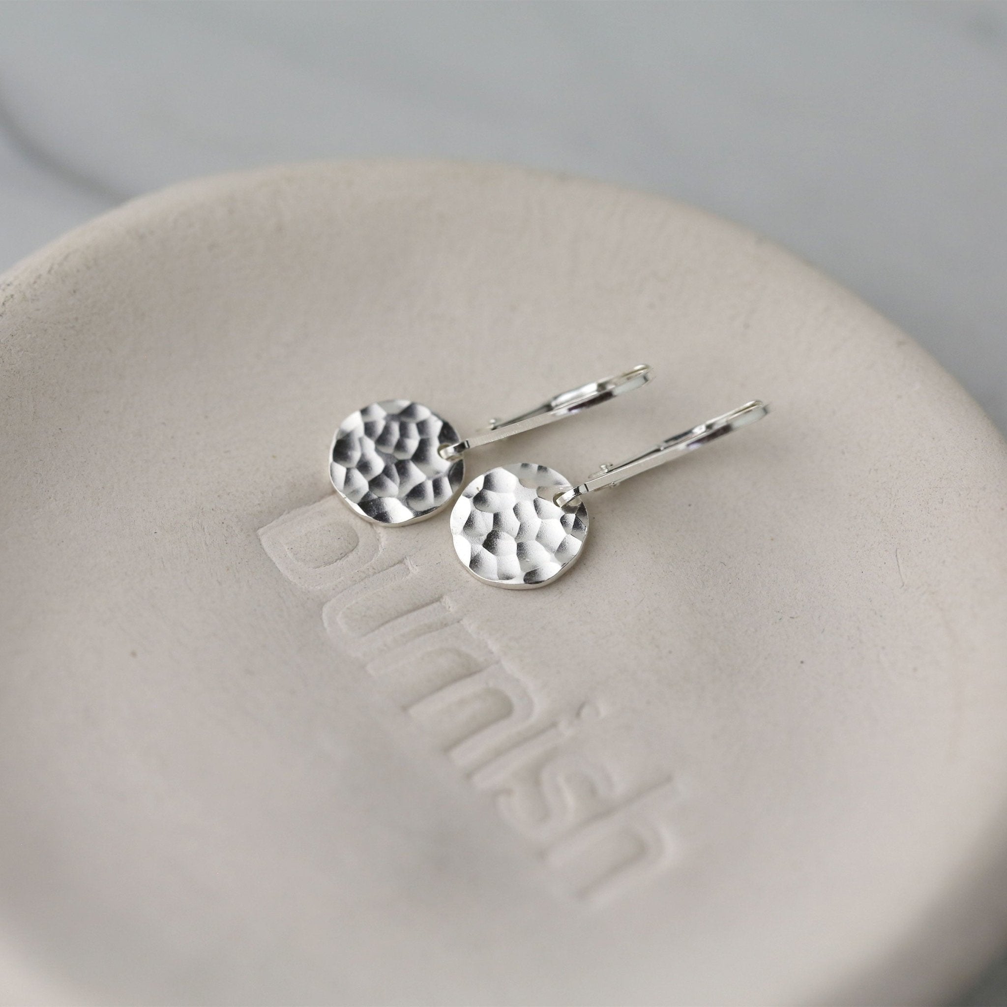 Tiny Silver Hammered Disc Lever-back Earrings