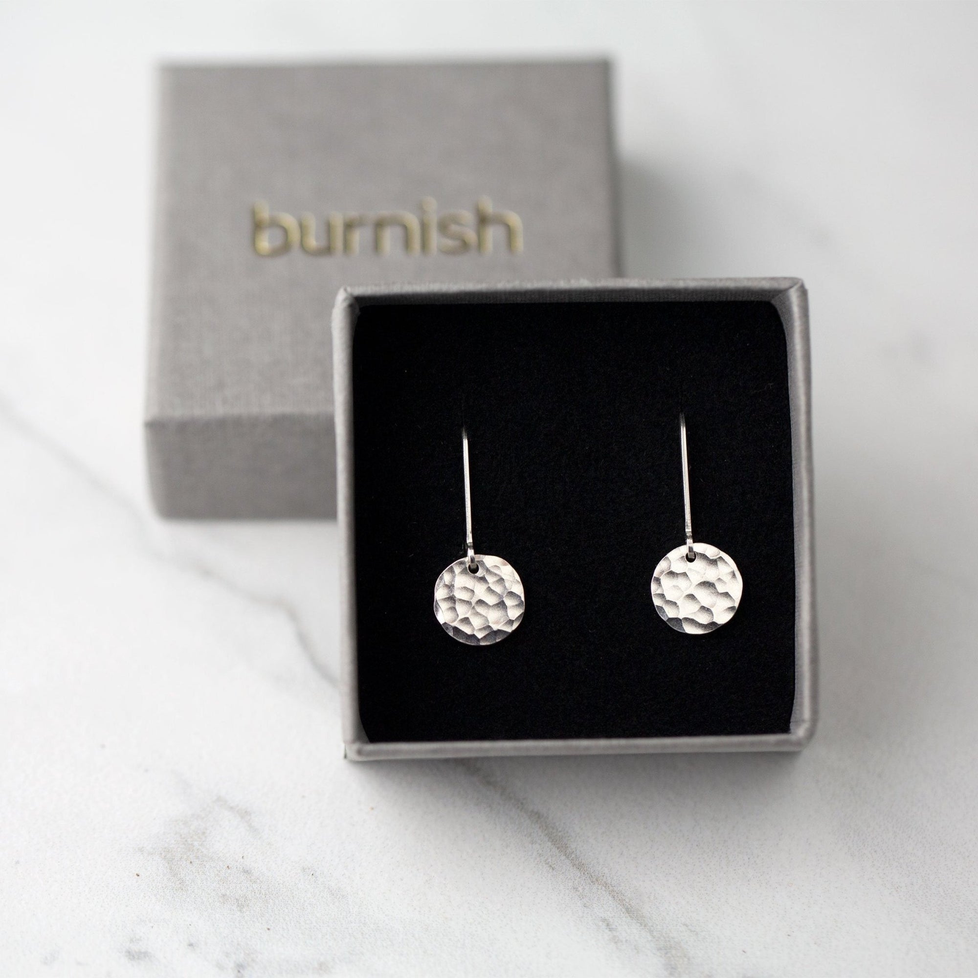 Tiny Silver Hammered Disc Lever - back Earrings jewelry handmade by Burnish