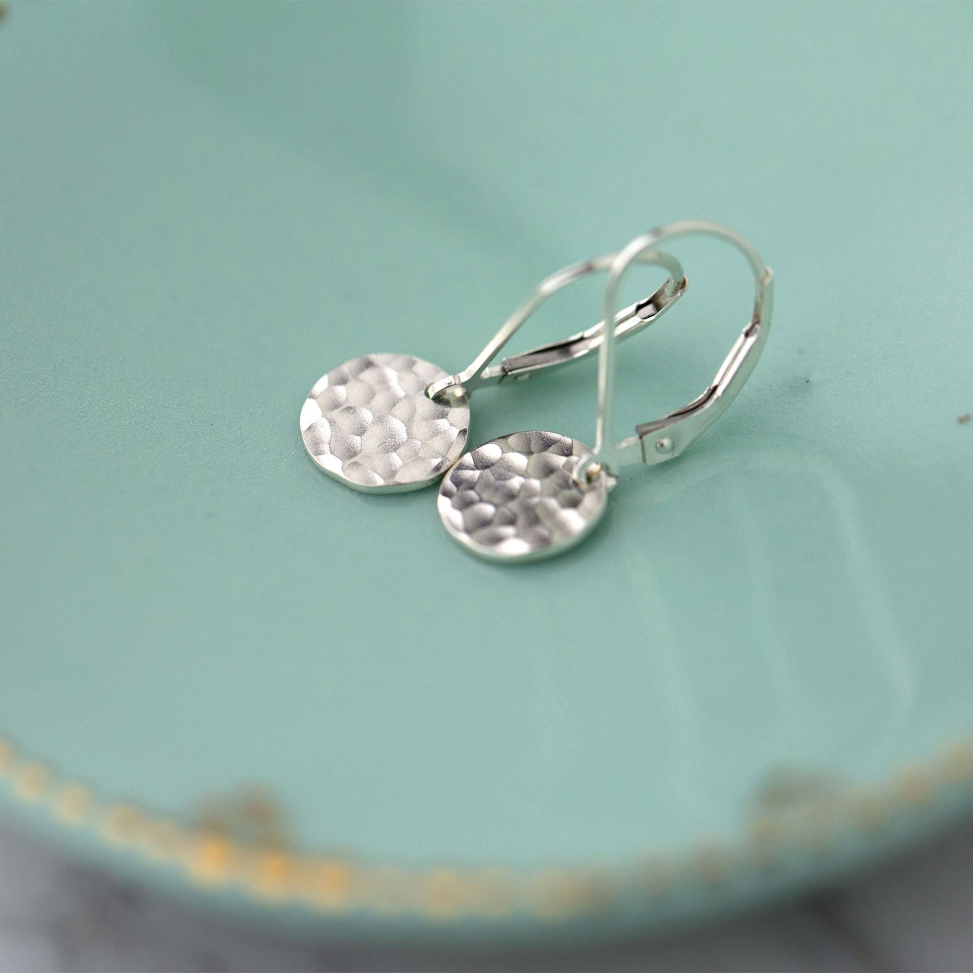 Tiny Silver Hammered Disc Lever - back Earrings jewelry handmade by Burnish