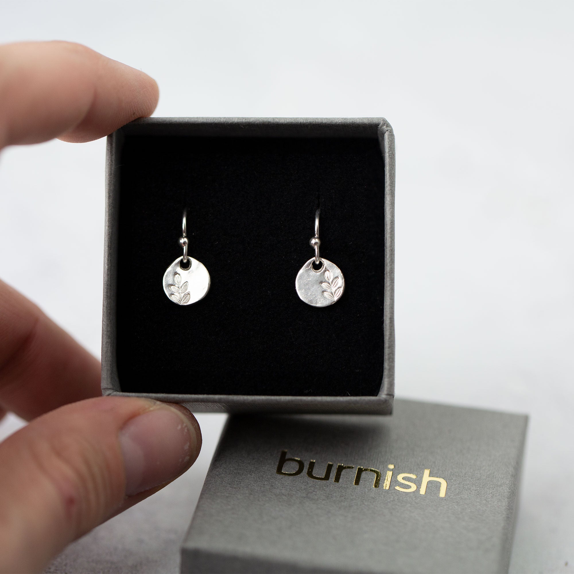 Tiny Stamped Leaf Earrings jewelry handmade by Burnish
