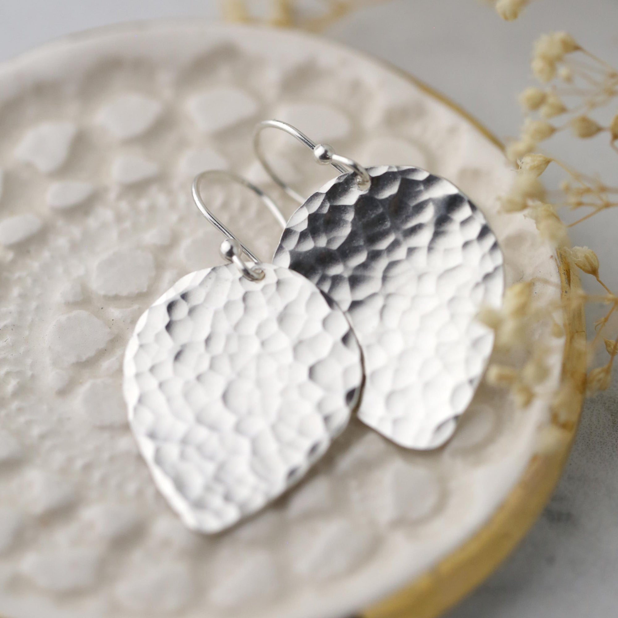 Silver Hammered Petal Drop Earrings