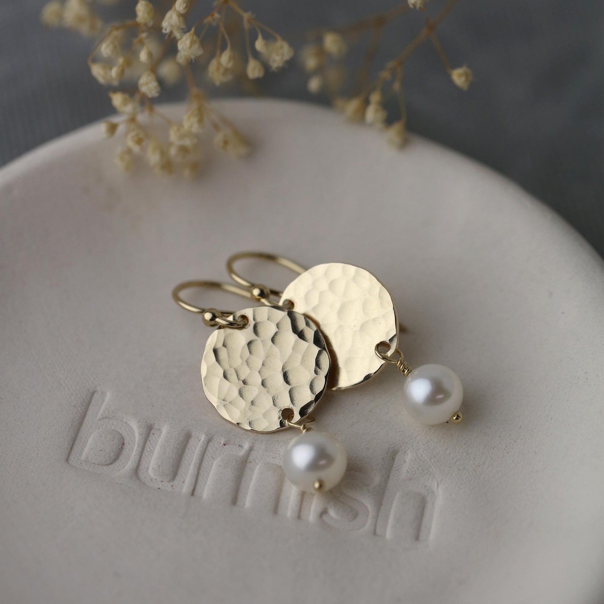 Gold Hammered Disc &amp; Pearl Earrings