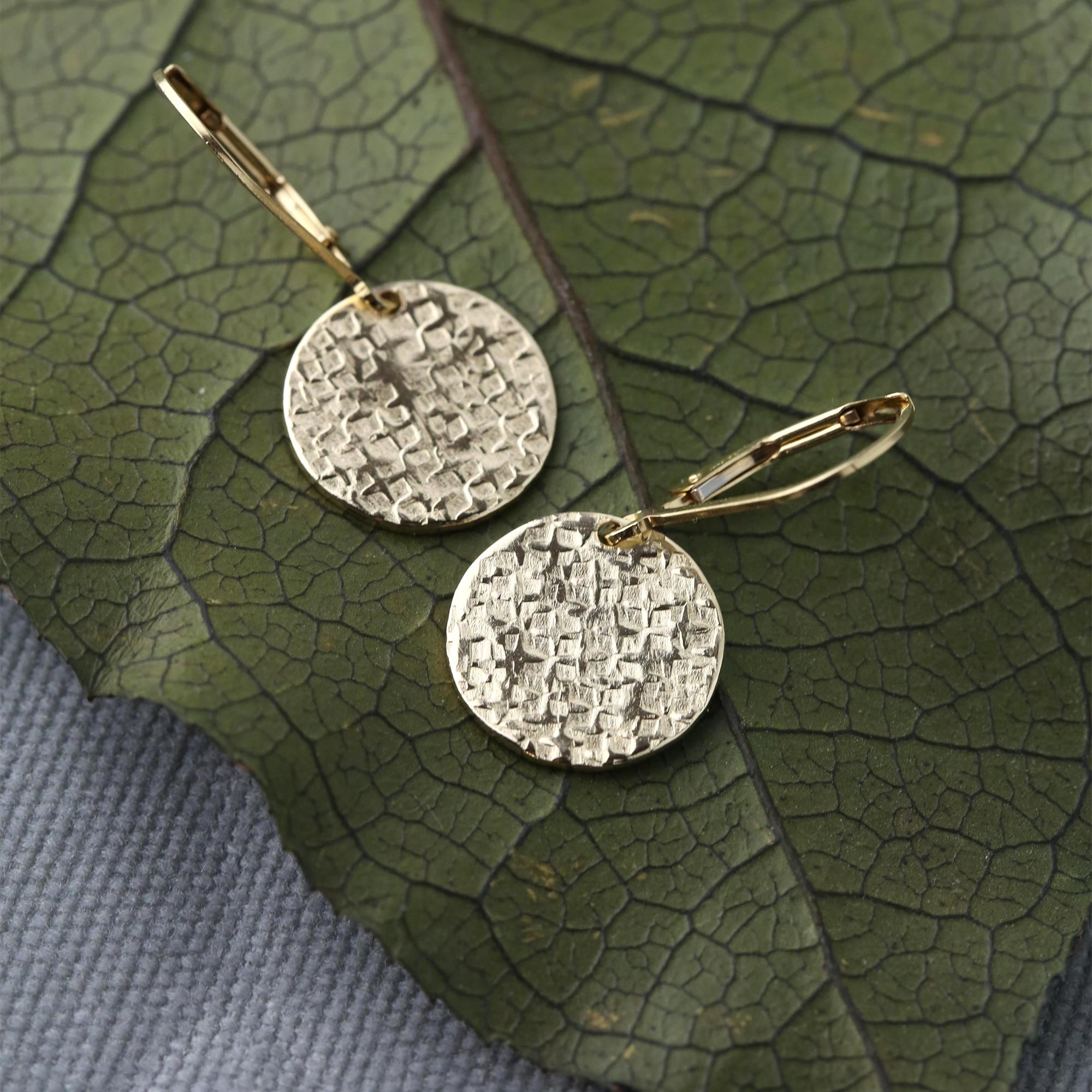 Gold Raw Silk Texture Medium Disc Earrings