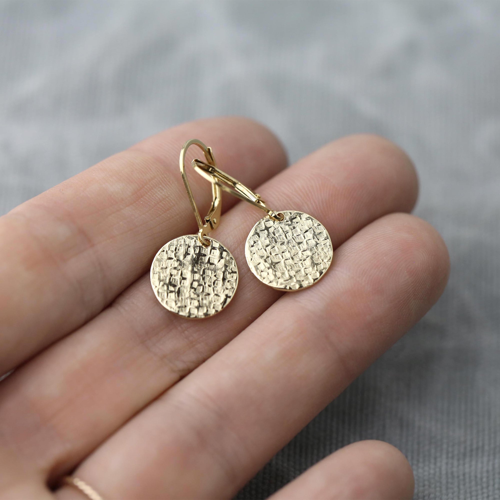 Gold Raw Silk Texture Medium Disc Earrings