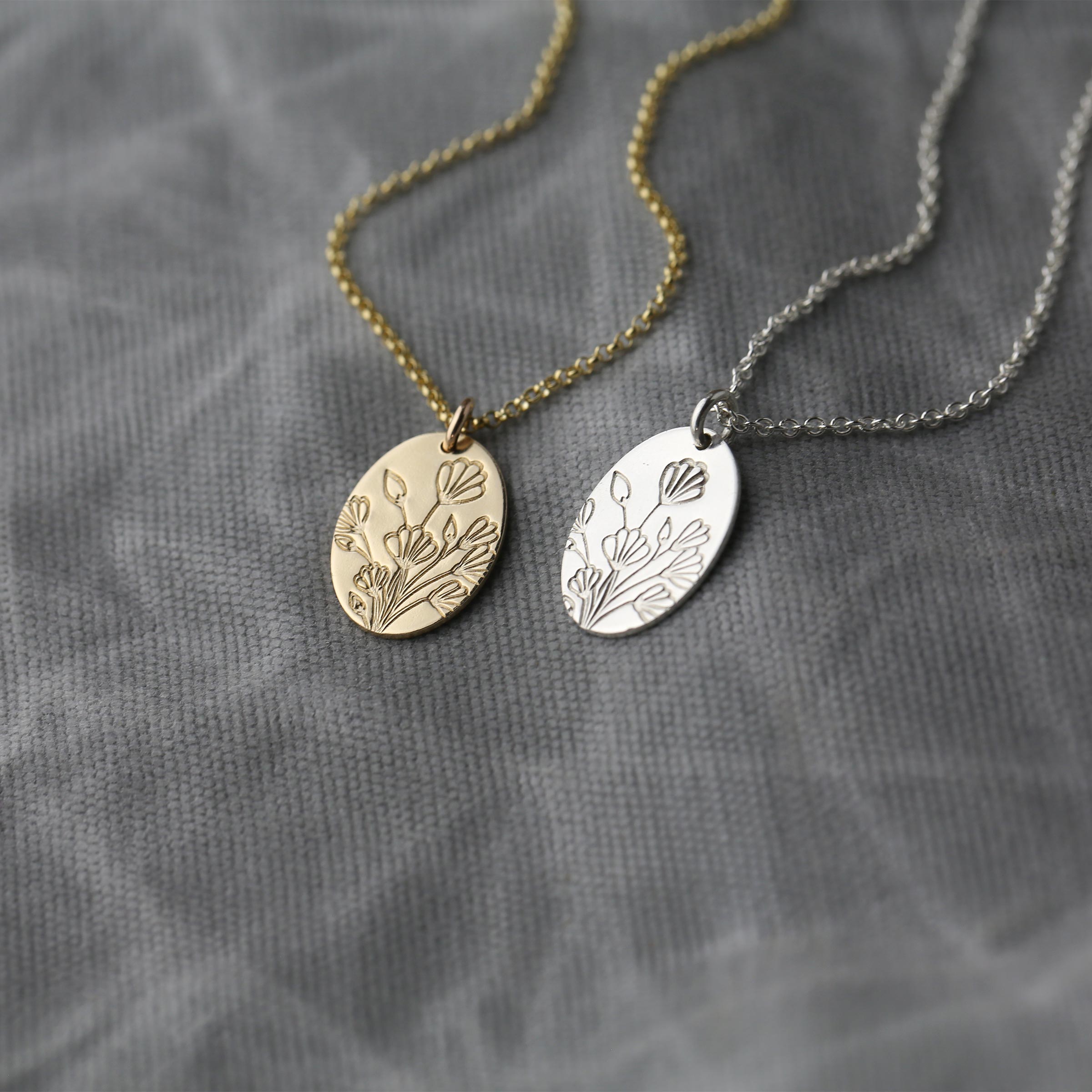Hand Stamped Floral Oval Necklace