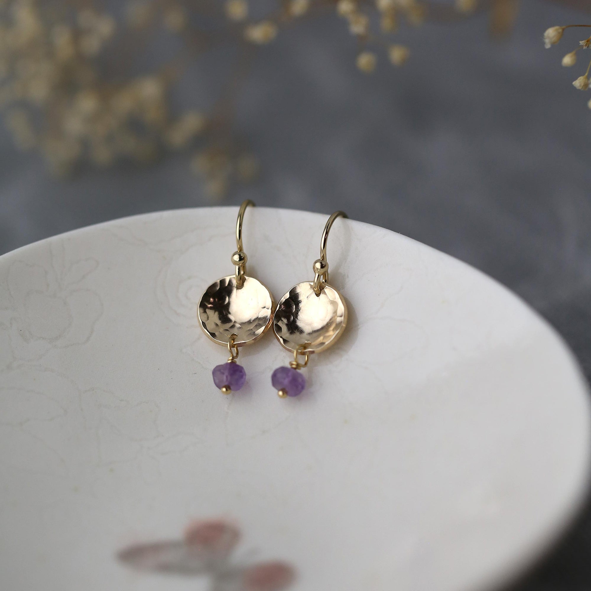 Petite Gold Disc Amethyst Earrings