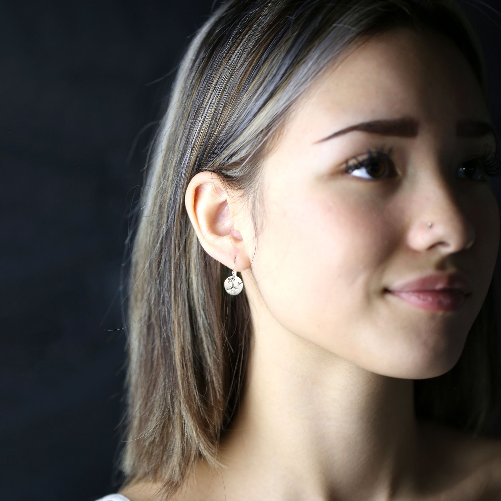 Tiny Silver Celestial Star Disc Earrings