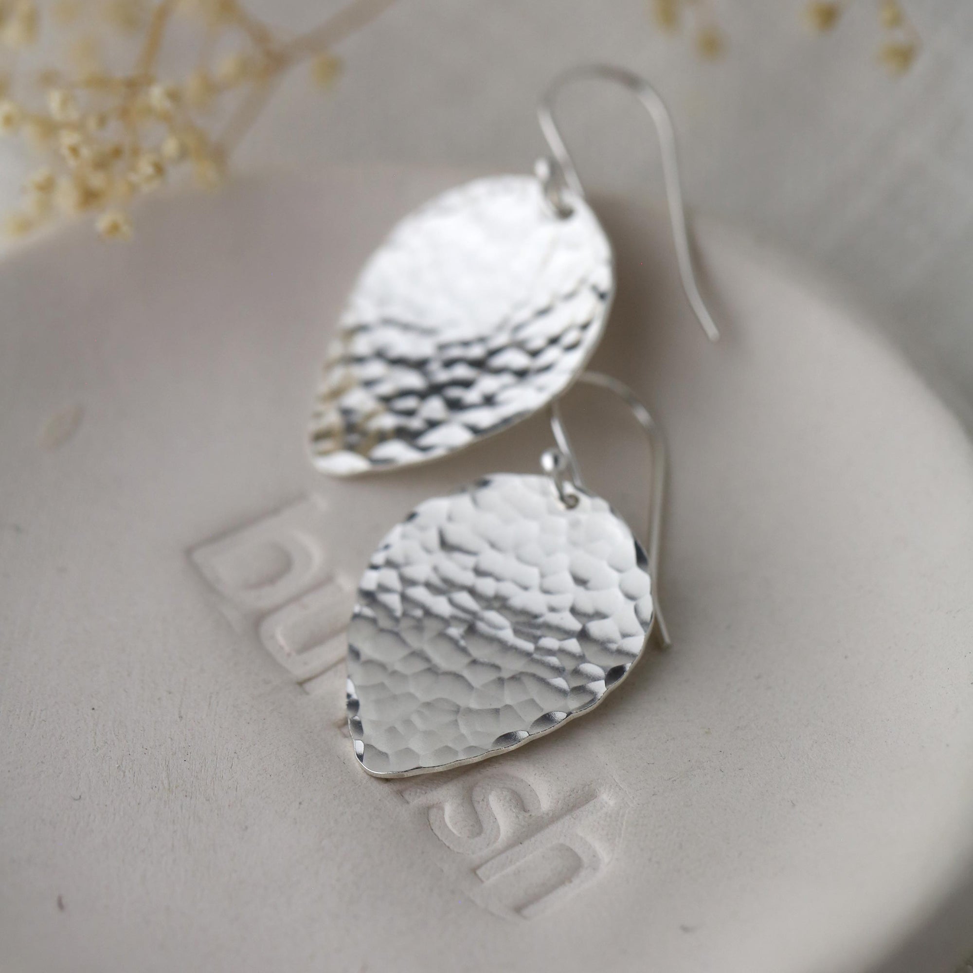 Silver Hammered Petal Drop Earrings