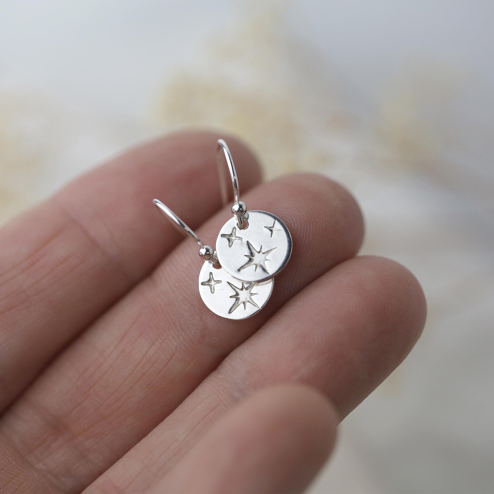 Tiny Silver Celestial Star Disc Earrings