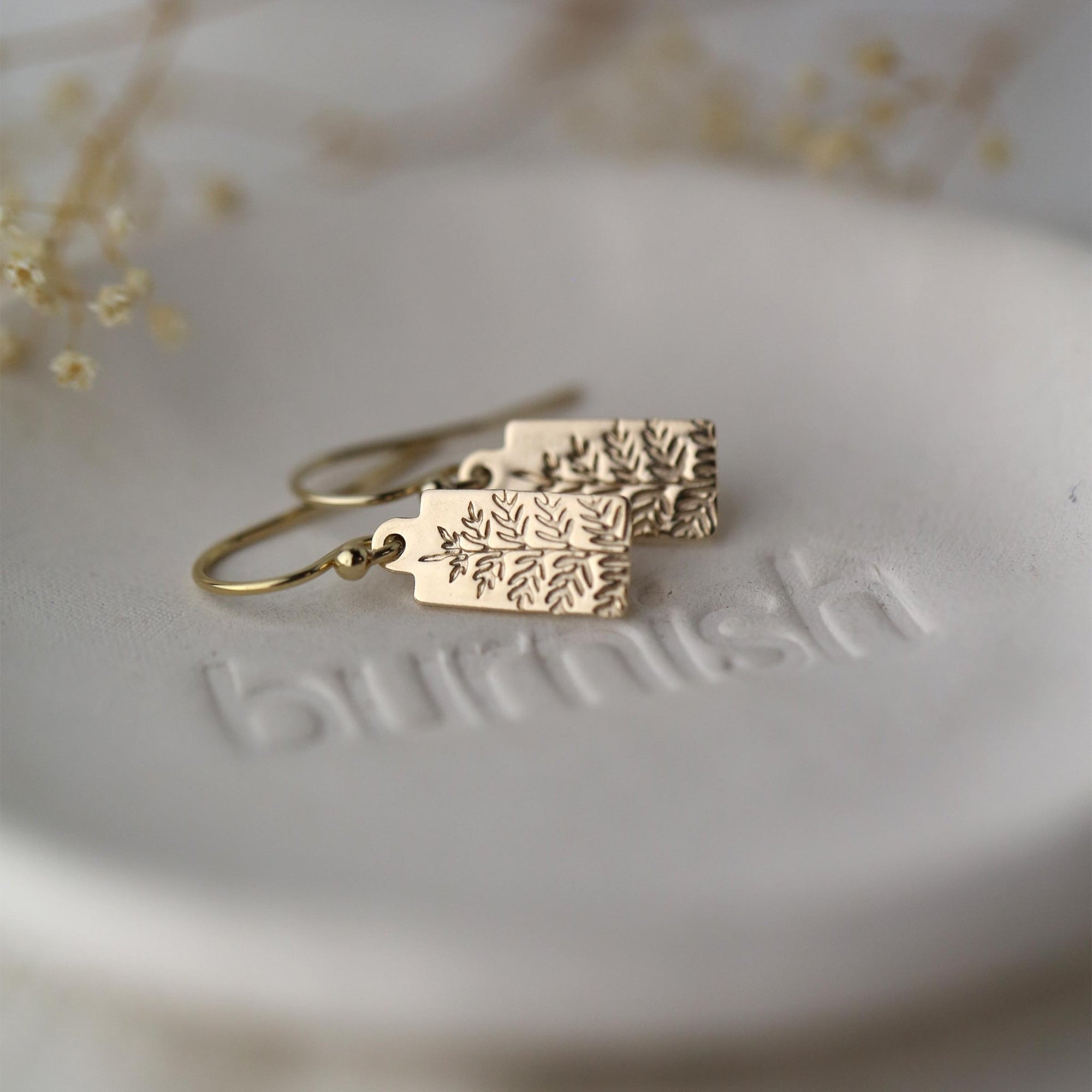 Dainty Gold Fern Earrings jewelry handmade by Burnish