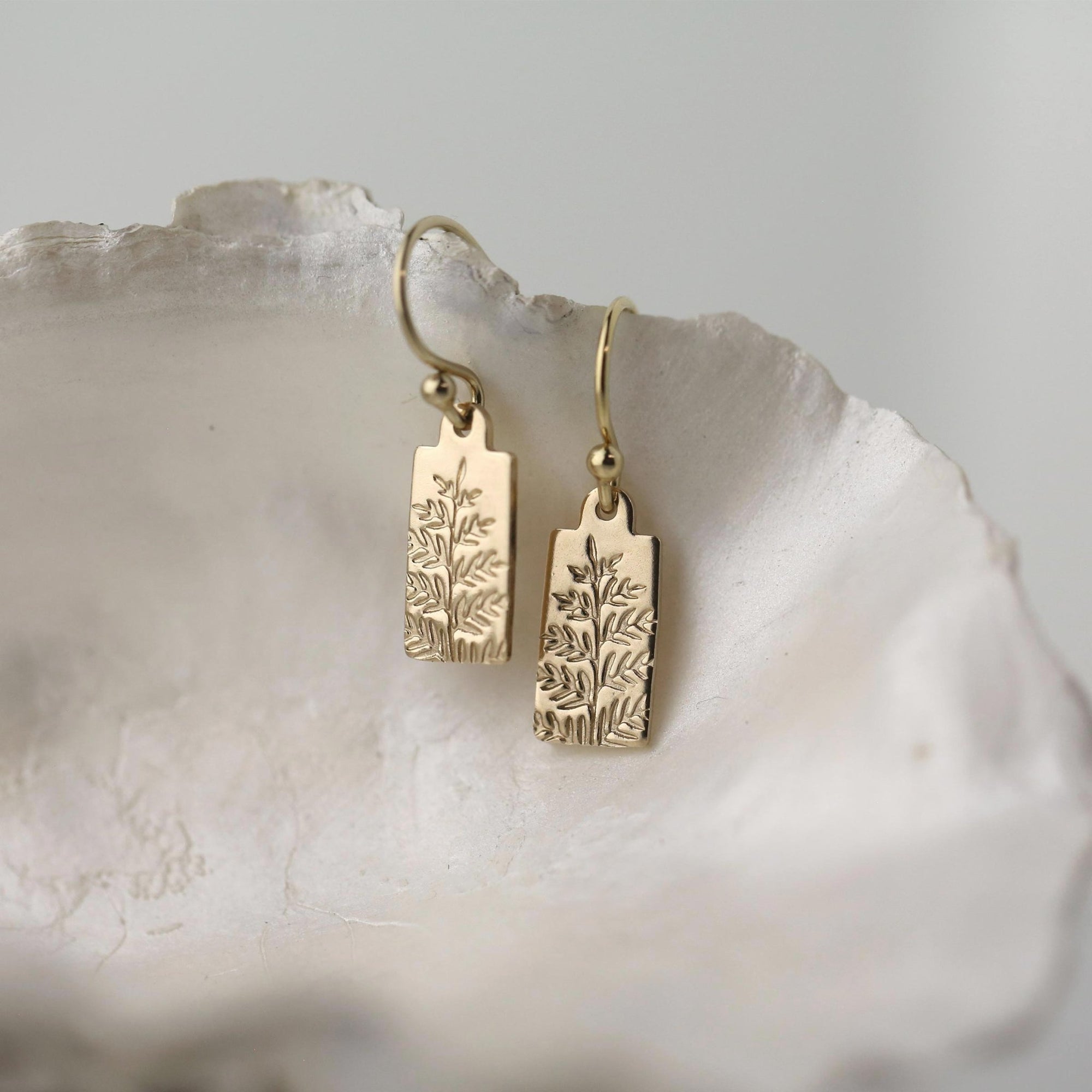 Dainty Gold Fern Earrings jewelry handmade by Burnish