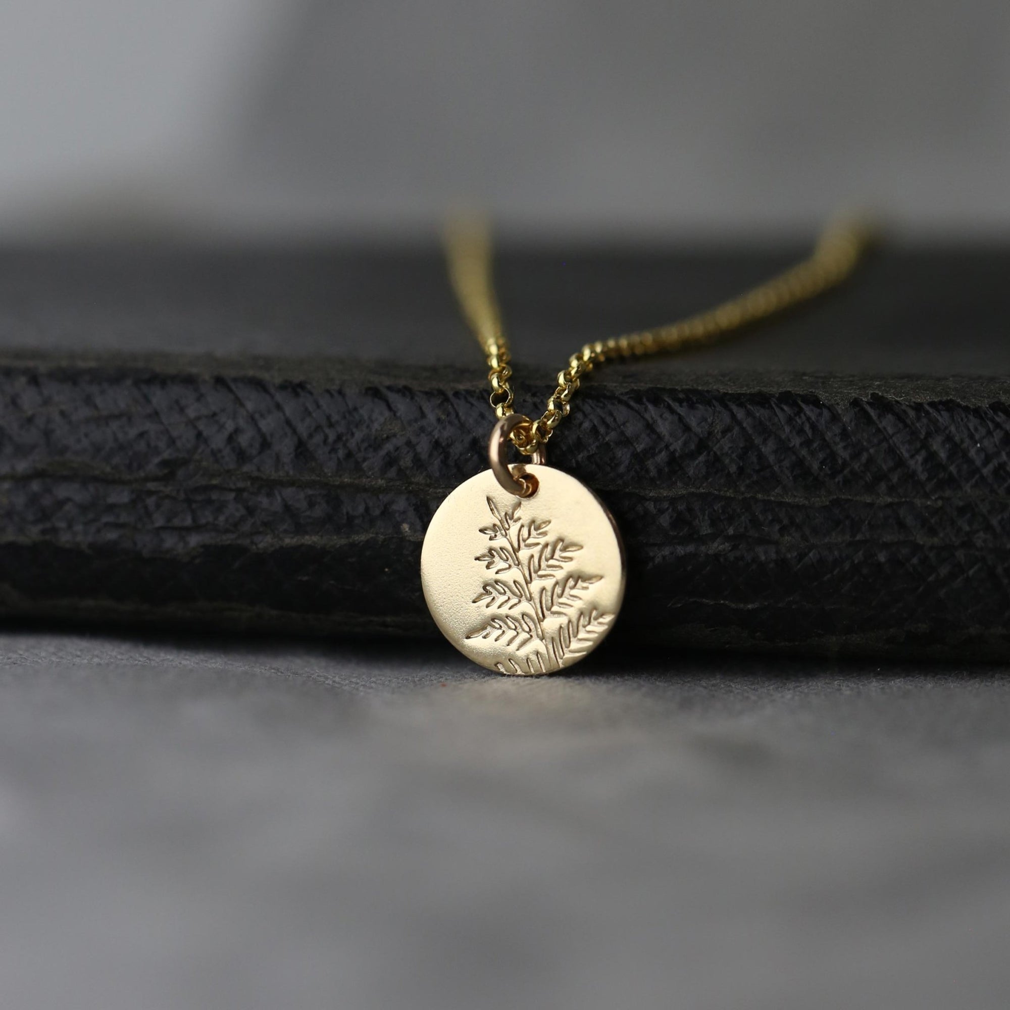 Gold Fern Disc Necklace jewelry handmade by Burnish