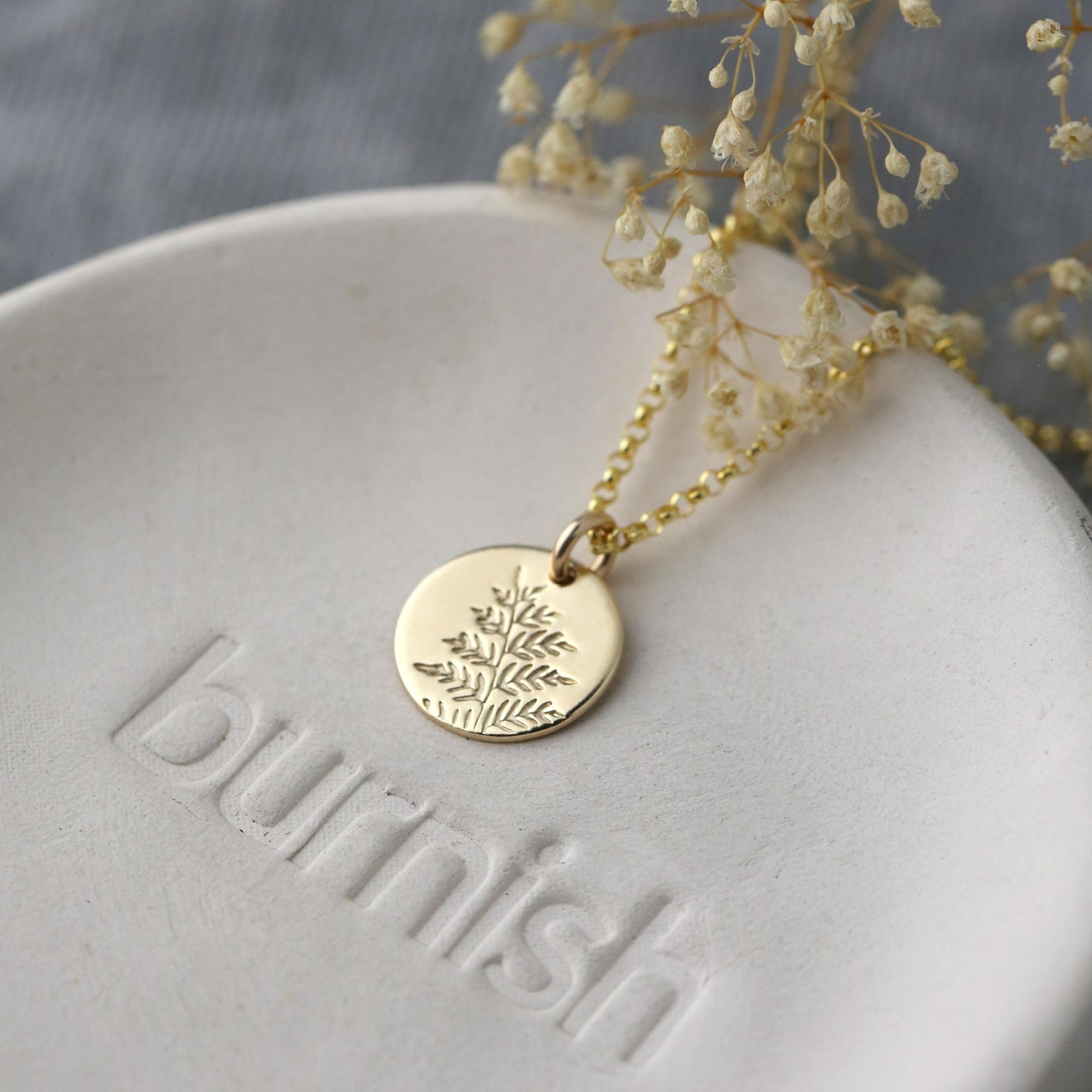 Gold Fern Disc Necklace jewelry handmade by Burnish