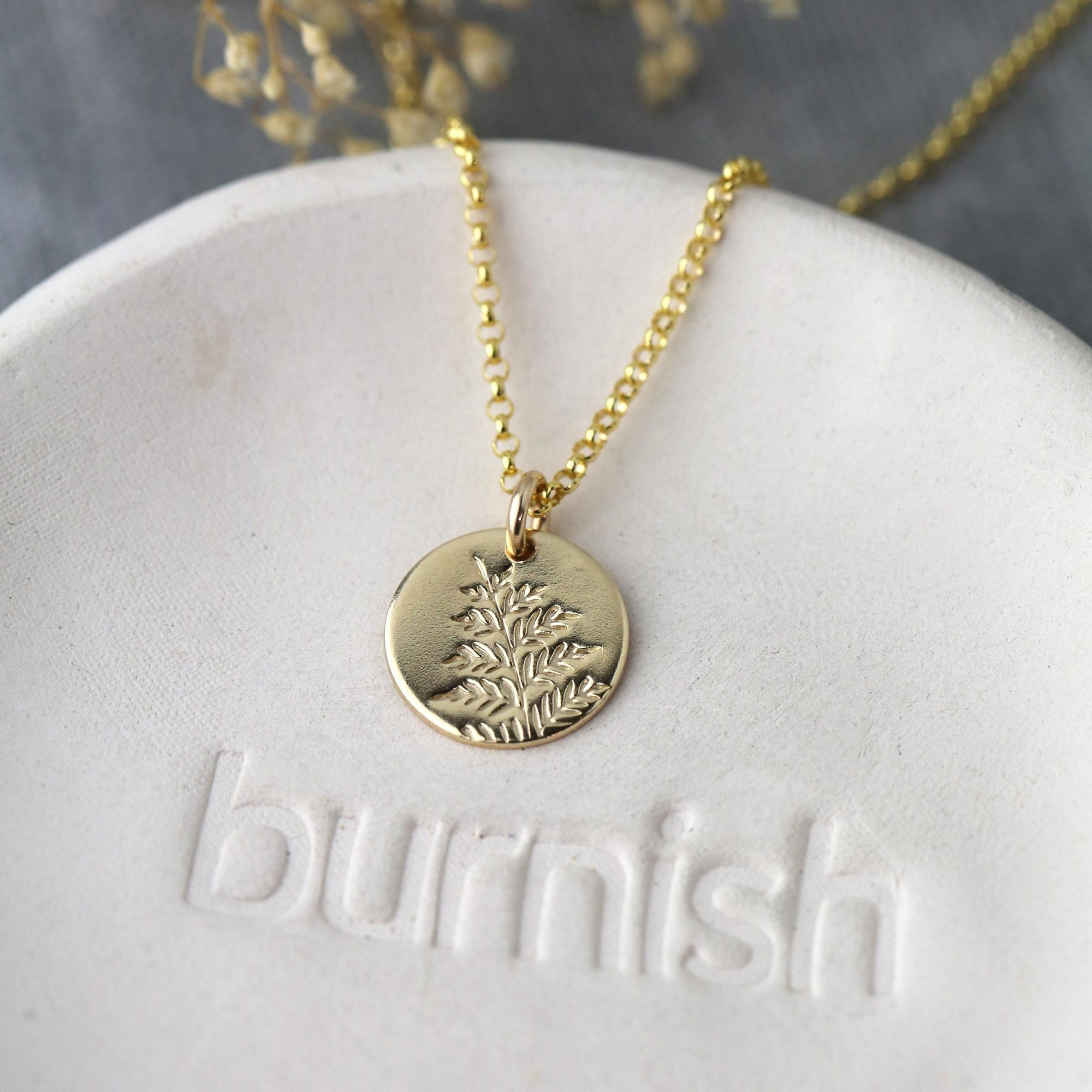 Gold Fern Disc Necklace jewelry handmade by Burnish