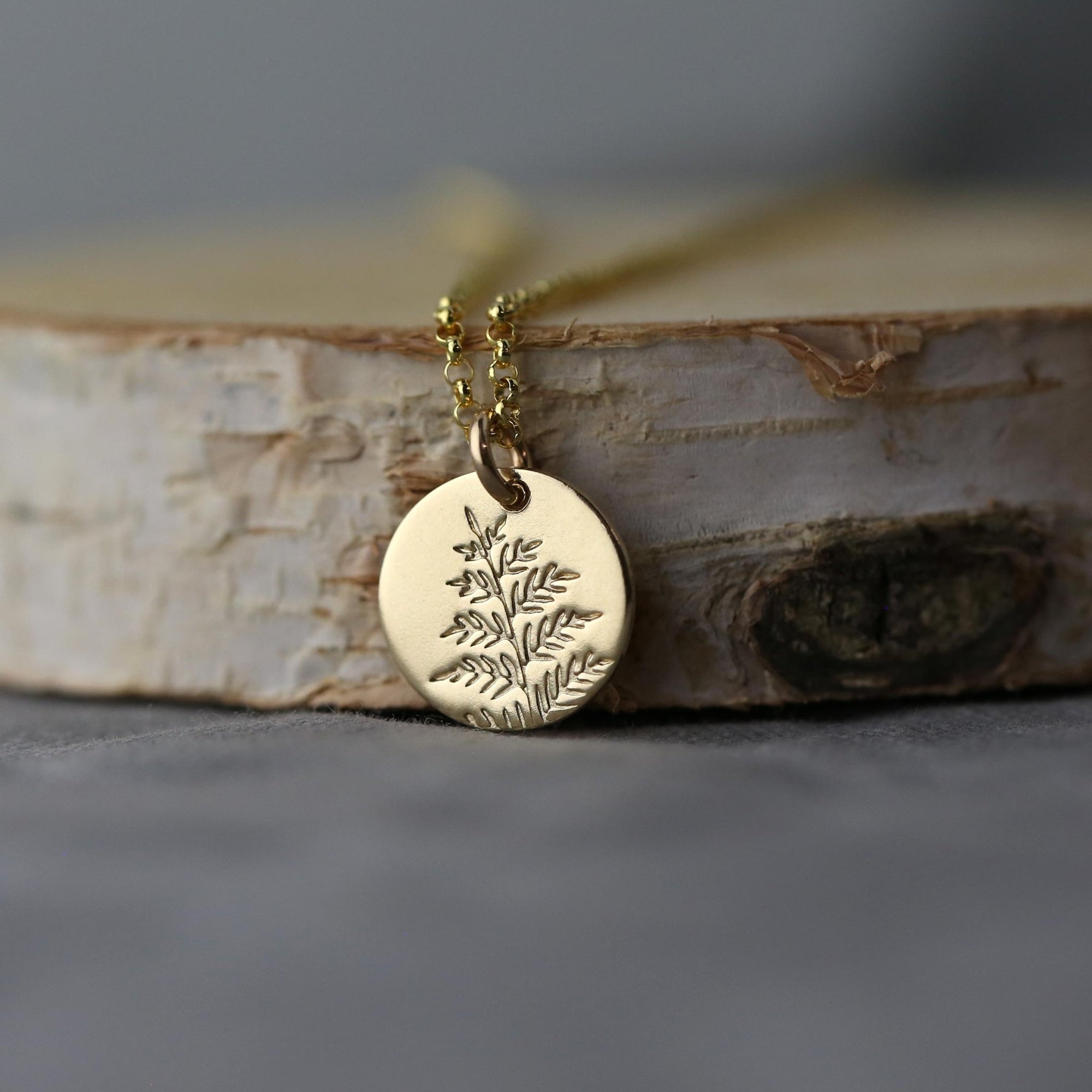 Gold Fern Disc Necklace jewelry handmade by Burnish