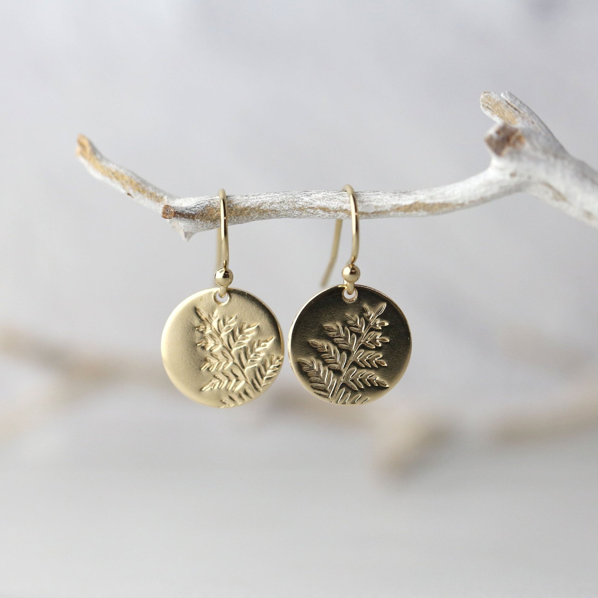 Gold Fern Leaves Medium Disc Earrings jewelry handmade by Burnish