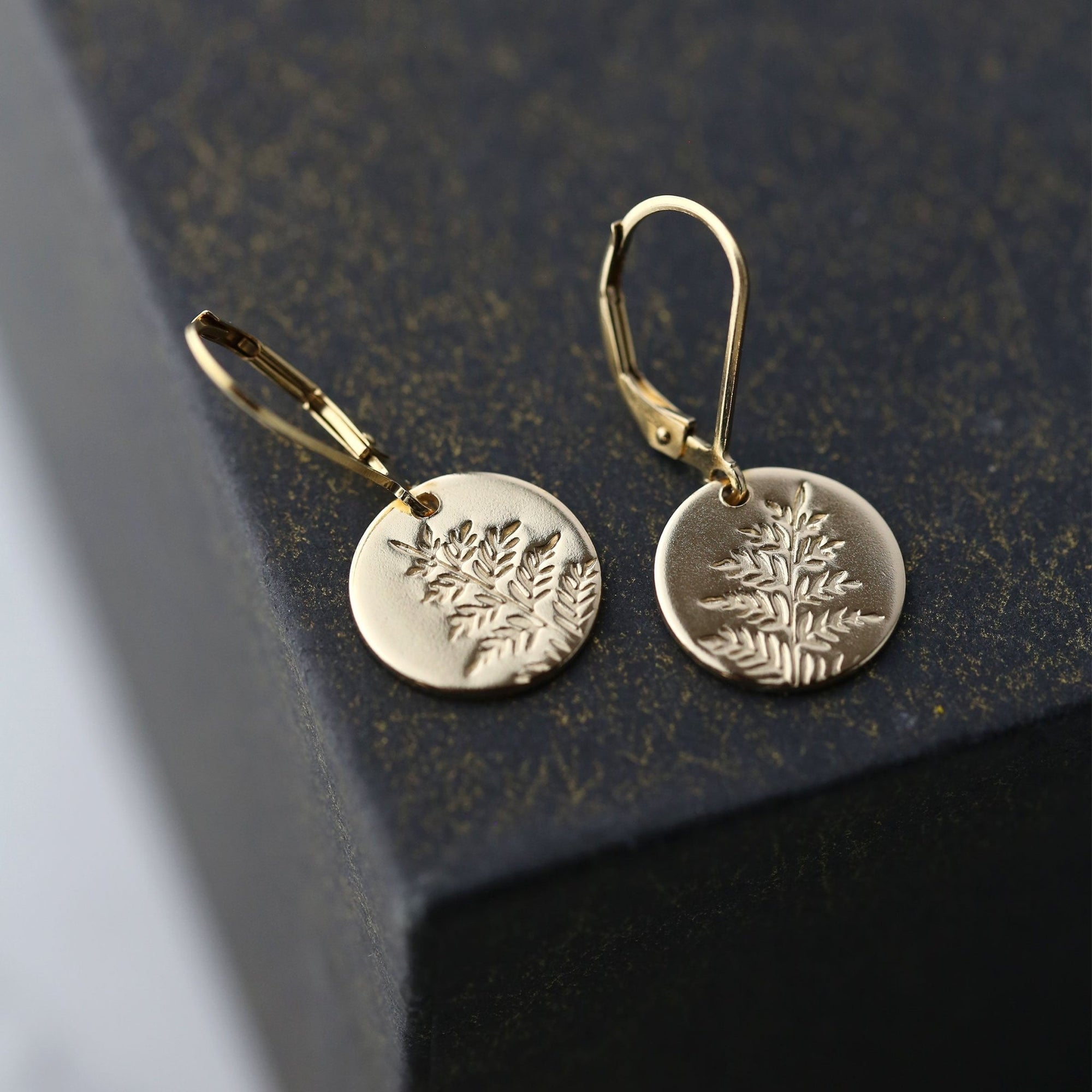 Gold Fern Leaves Medium Disc Earrings jewelry handmade by Burnish