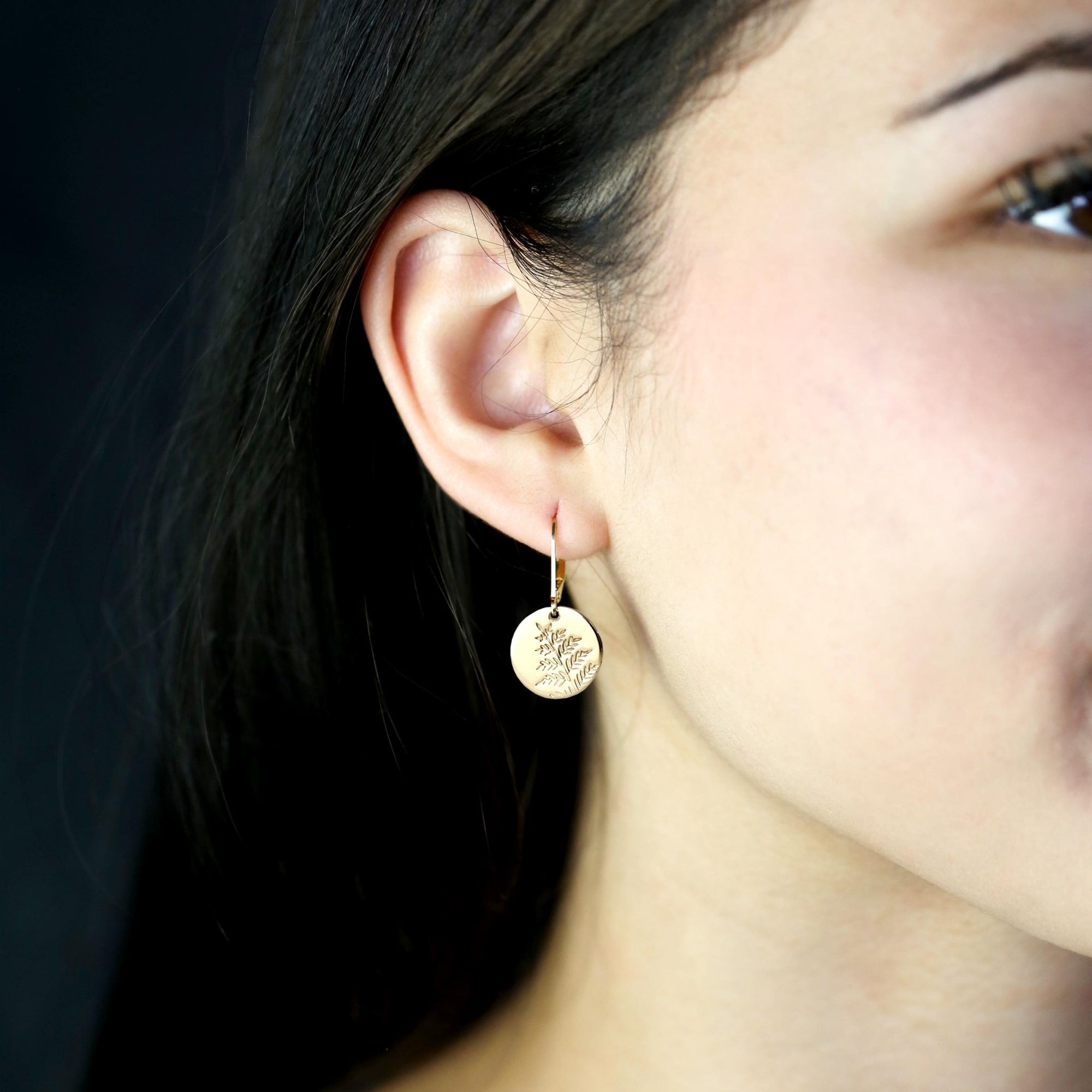 Gold Fern Leaves Medium Disc Earrings jewelry handmade by Burnish