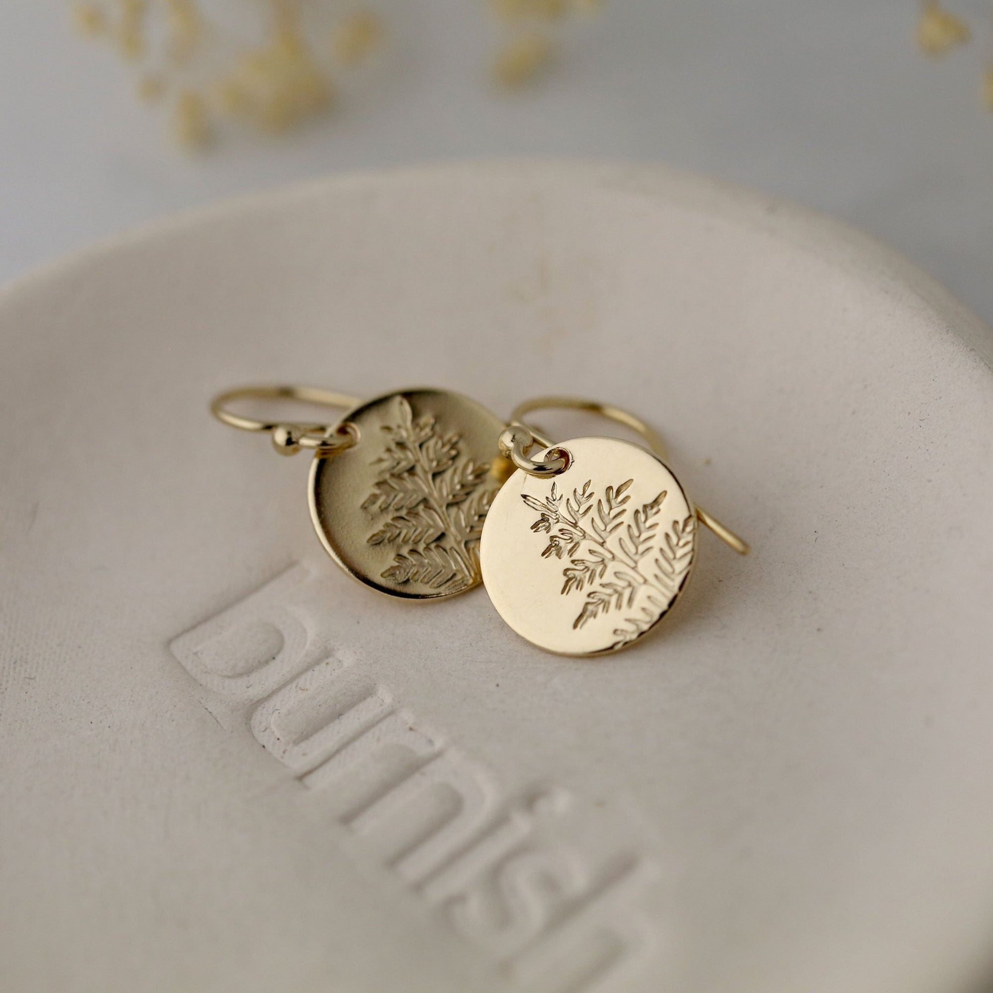 Gold Fern Leaves Medium Disc Earrings jewelry handmade by Burnish