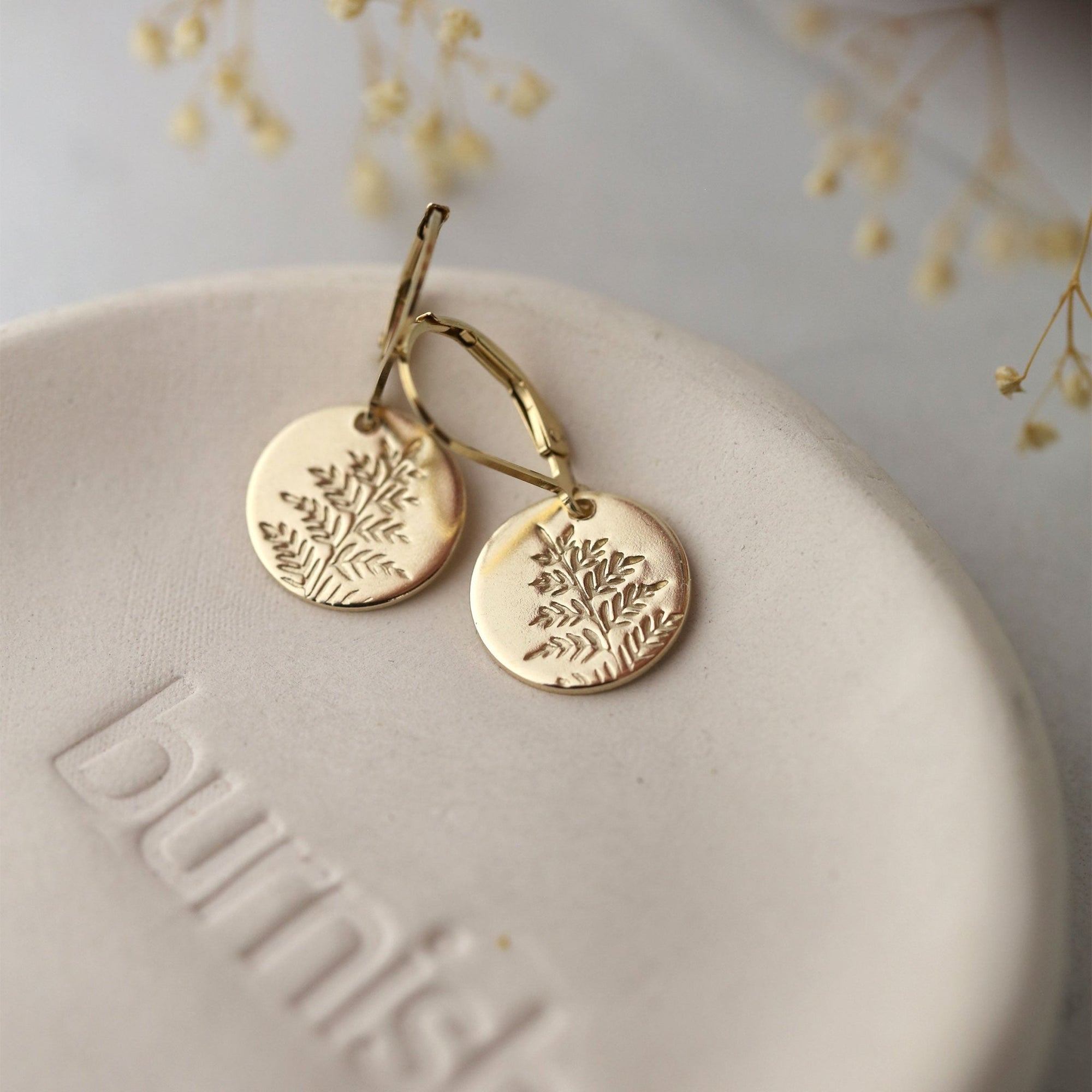 Gold Fern Leaves Medium Disc Earrings jewelry handmade by Burnish