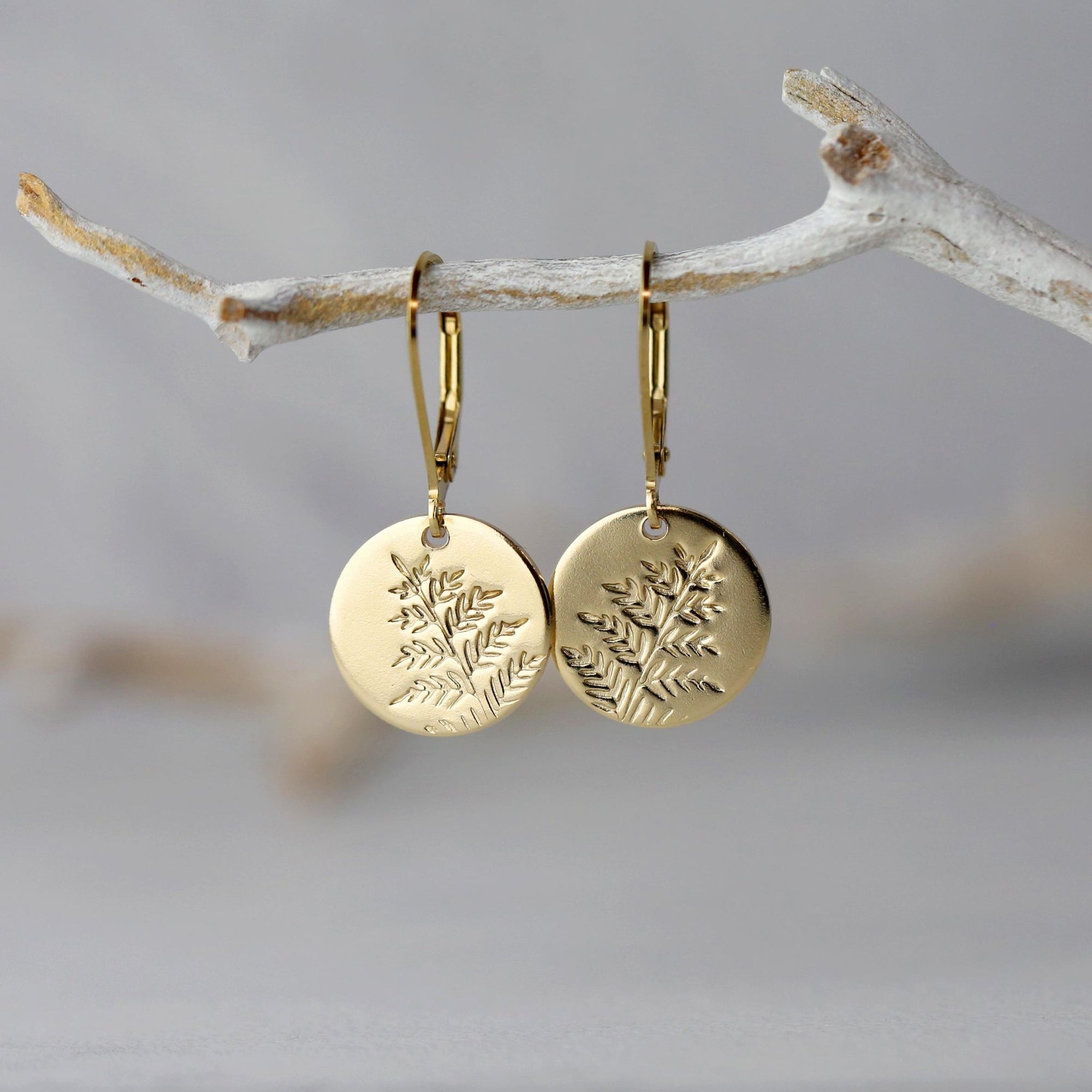 Gold Fern Leaves Medium Disc Earrings jewelry handmade by Burnish