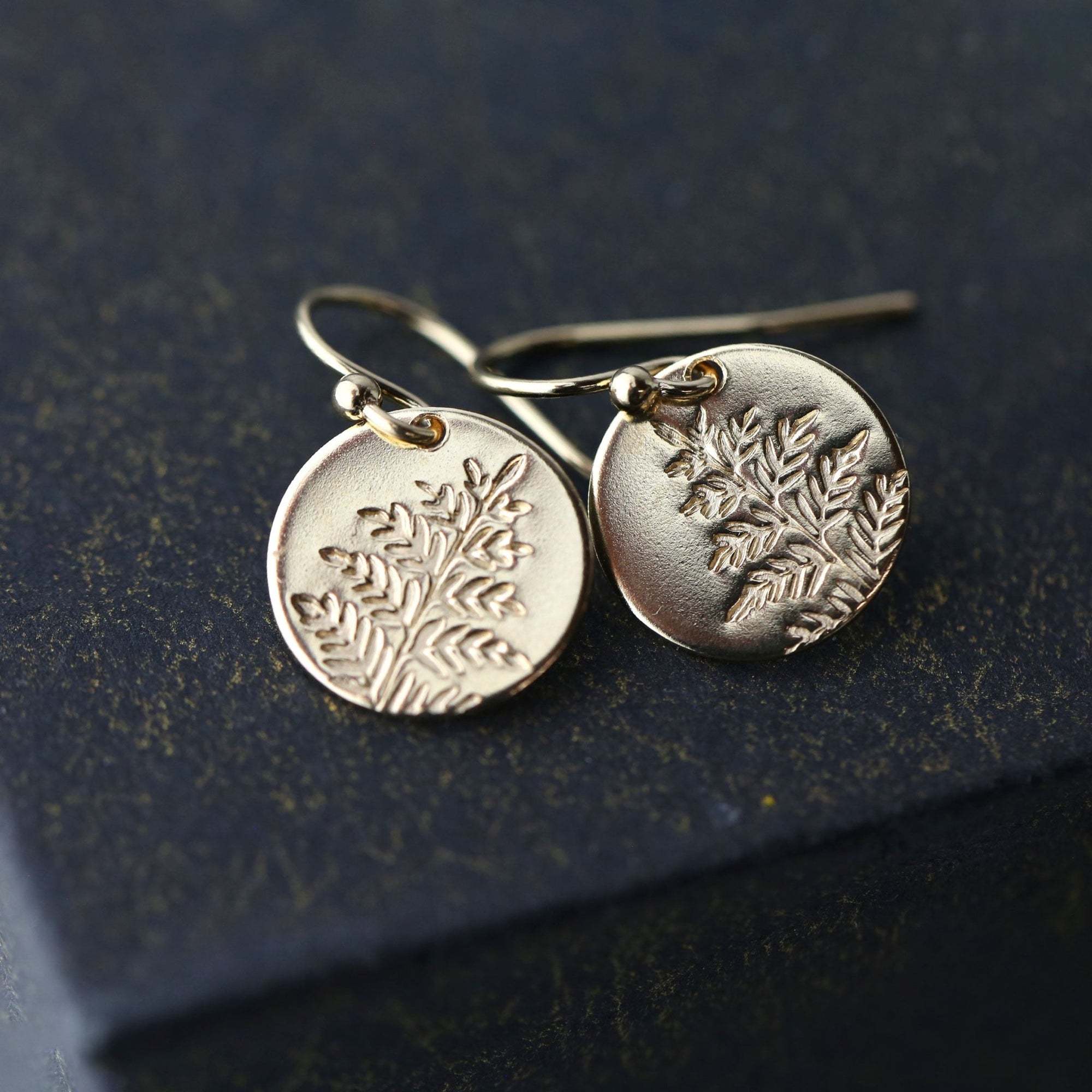 Gold Fern Leaves Medium Disc Earrings jewelry handmade by Burnish
