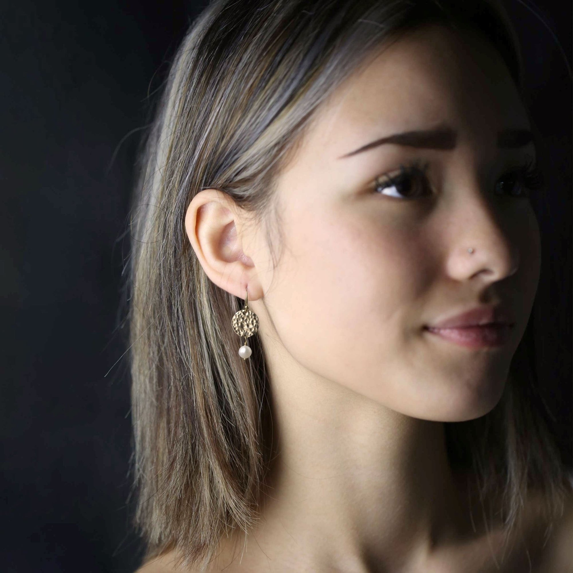 Gold Hammered Disc & Pearl Earrings jewelry handmade by Burnish
