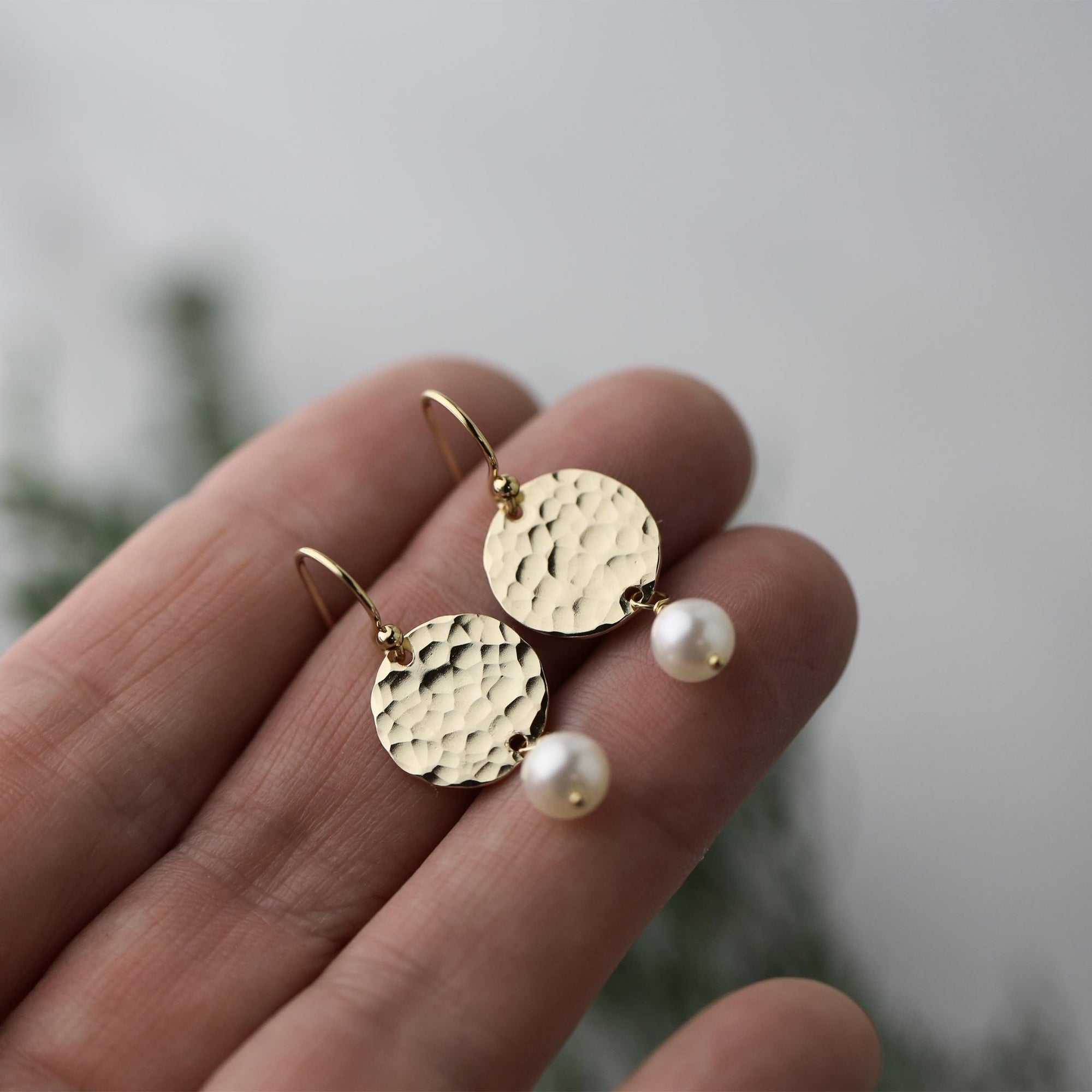 Gold Hammered Disc &amp; Pearl Earrings jewelry handmade by Burnish