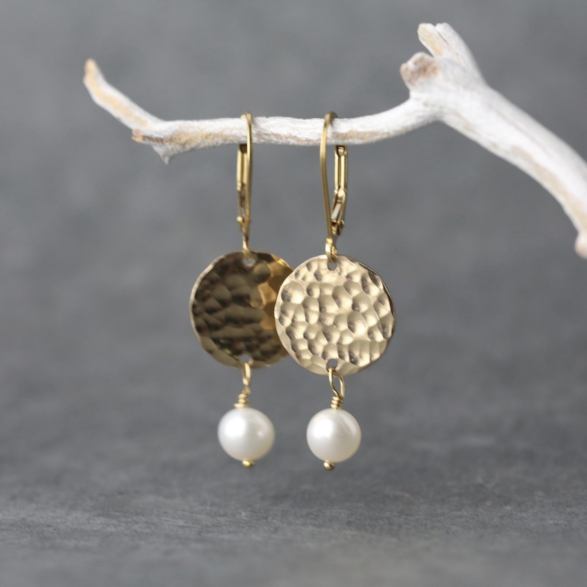 Gold Hammered Disc & Pearl Earrings jewelry handmade by Burnish