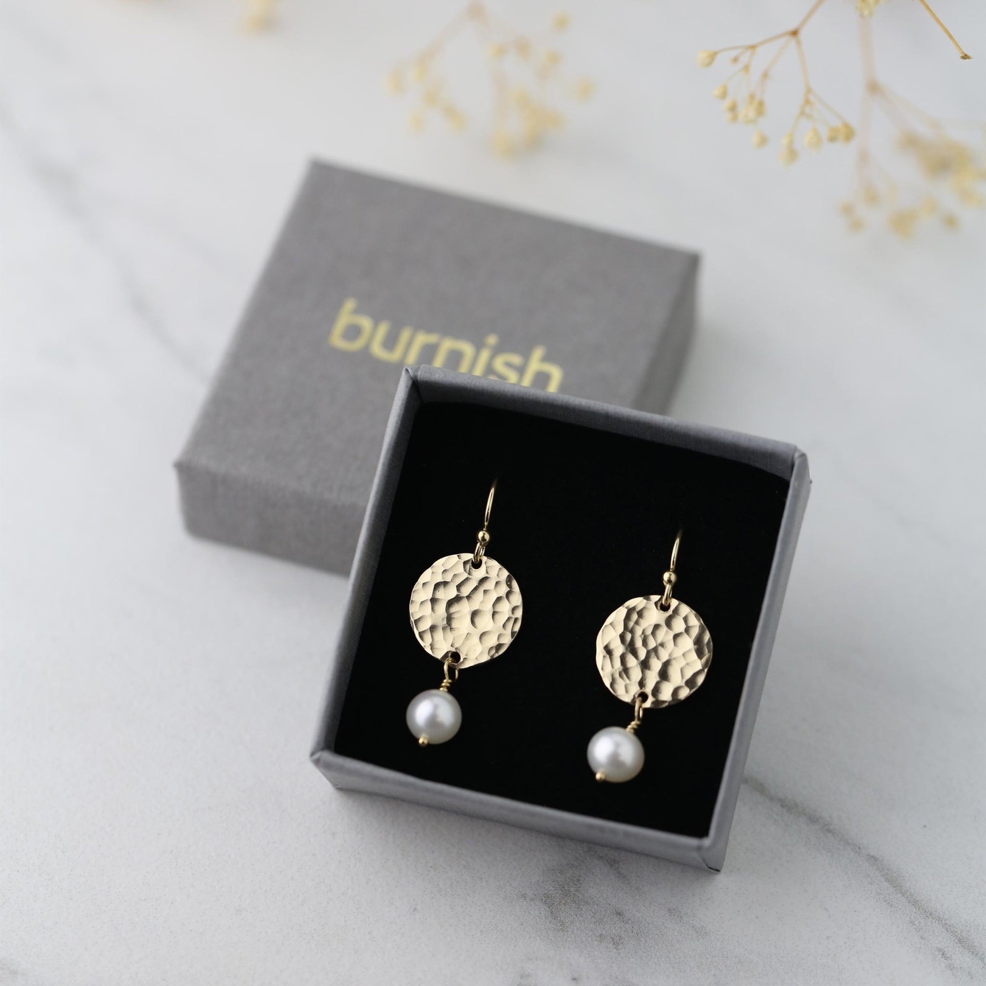 Gold Hammered Disc &amp; Pearl Earrings jewelry handmade by Burnish