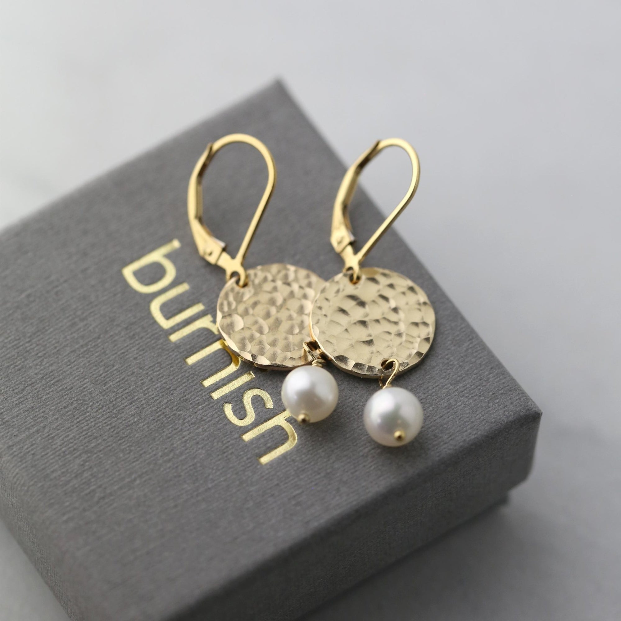 Gold Hammered Disc &amp; Pearl Earrings jewelry handmade by Burnish