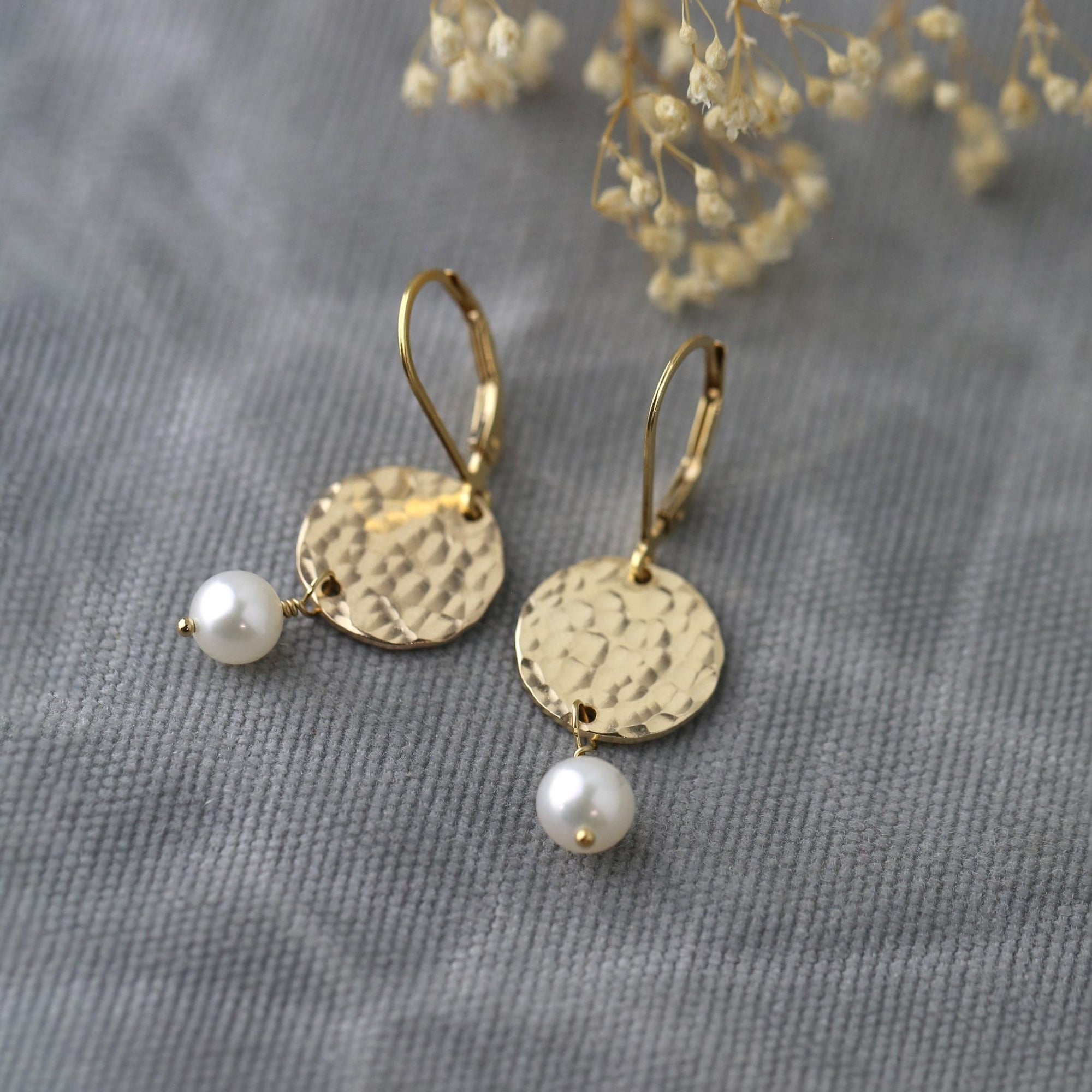 Gold Hammered Disc &amp; Pearl Earrings jewelry handmade by Burnish