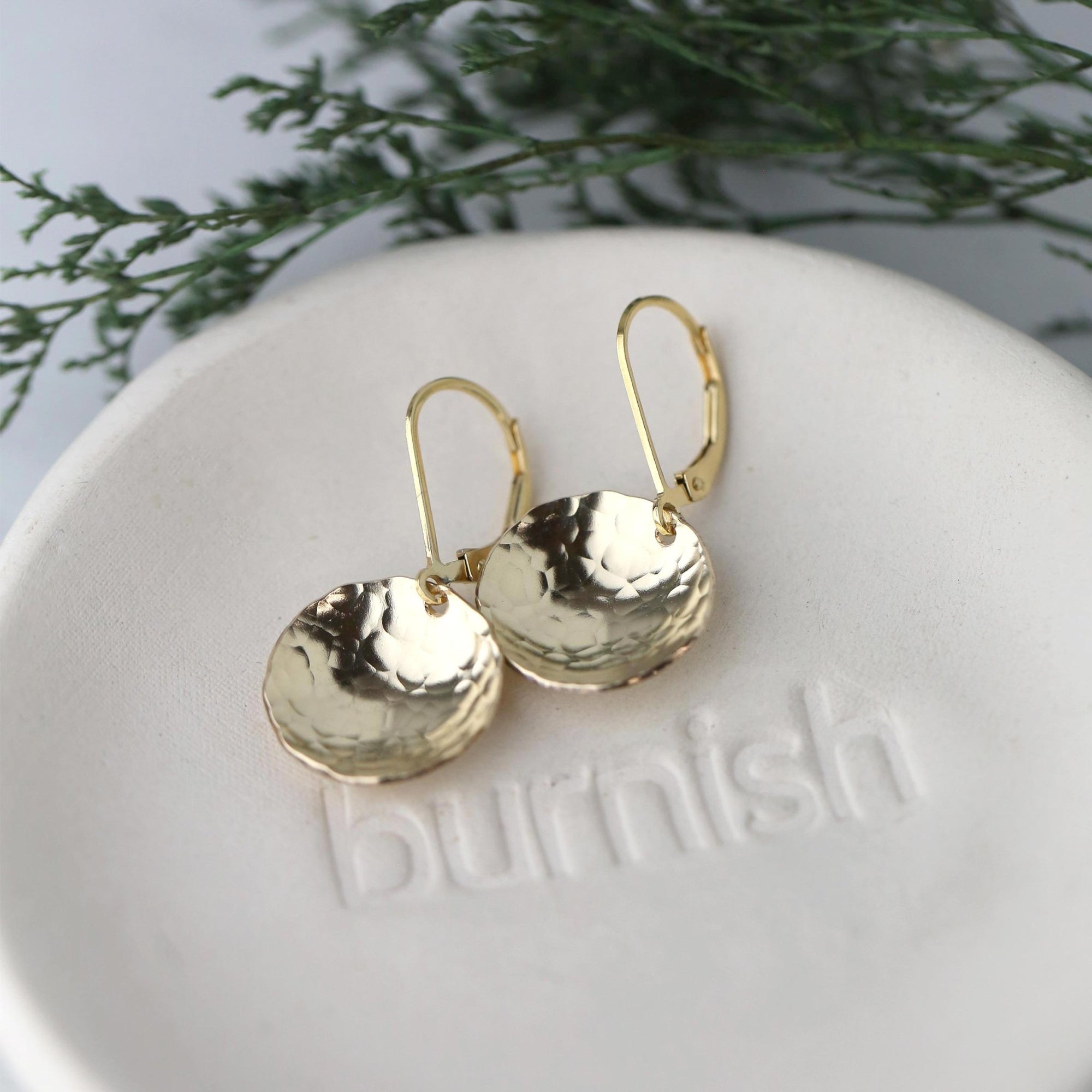 Gold Hammered Domed Disc Earrings jewelry handmade by Burnish