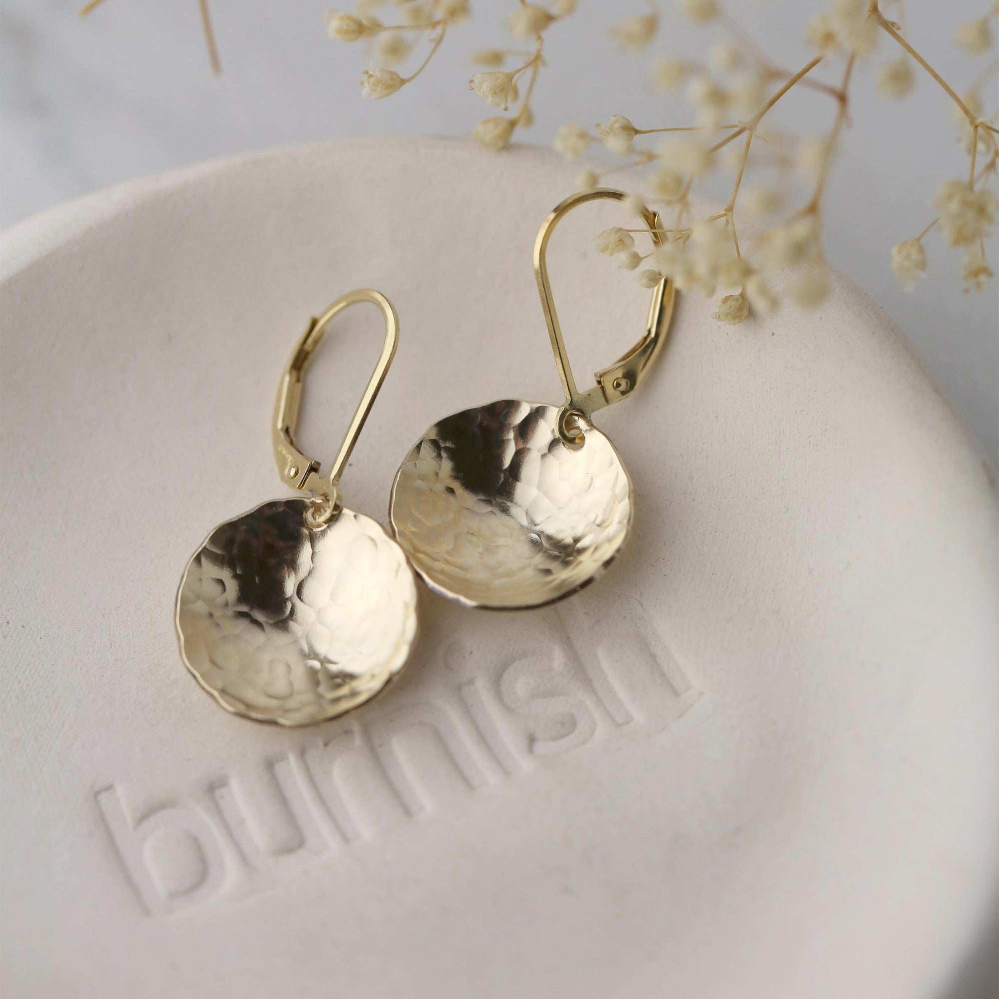 Gold Hammered Domed Disc Earrings jewelry handmade by Burnish