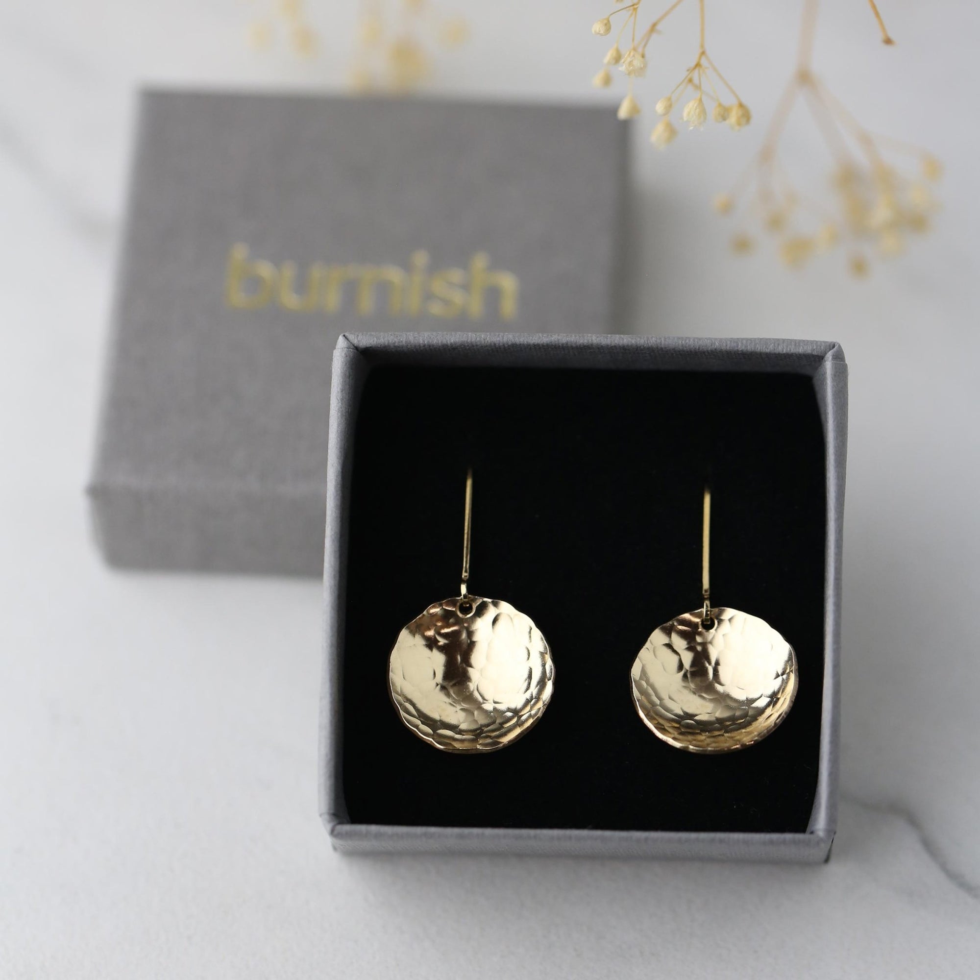 Gold Hammered Domed Disc Earrings jewelry handmade by Burnish