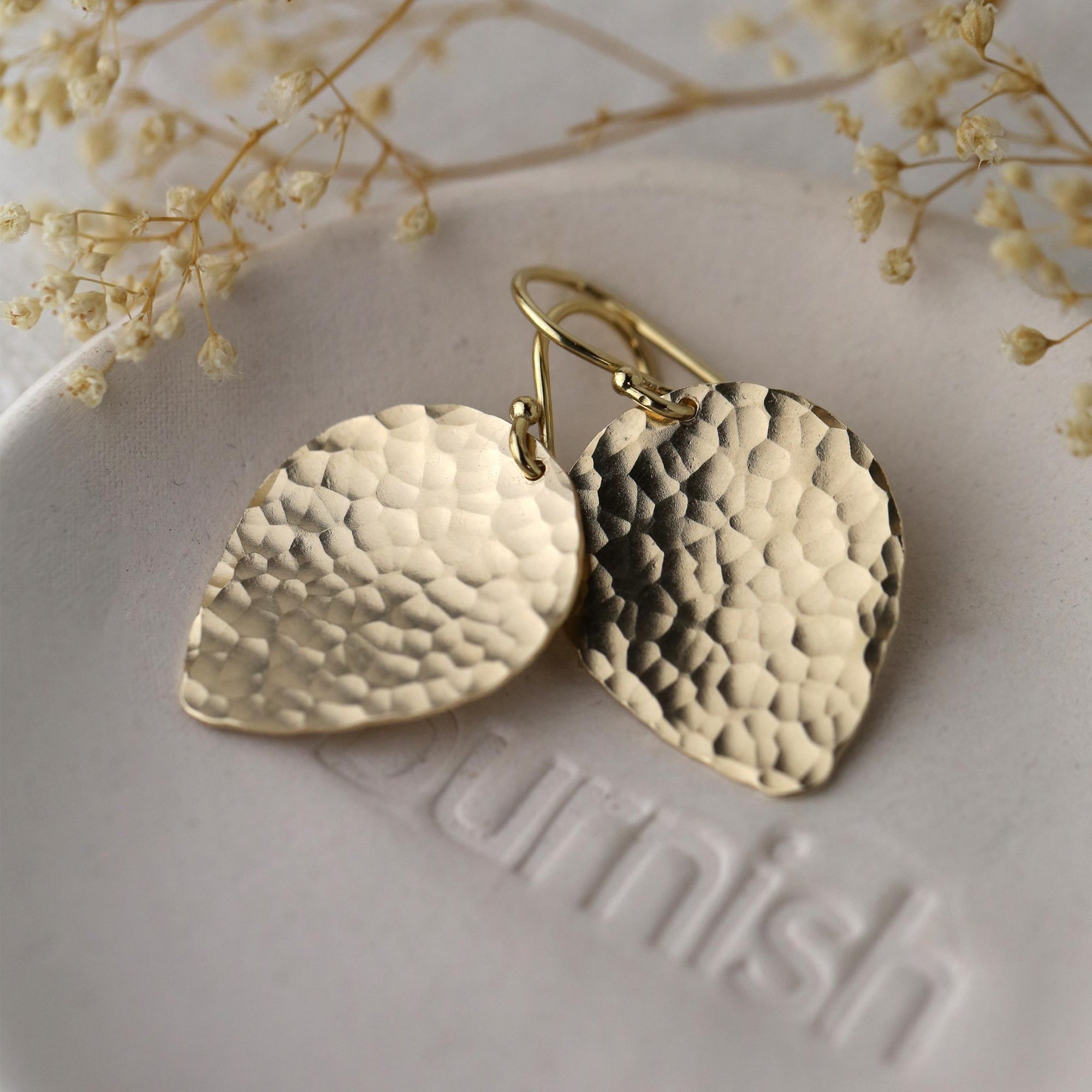 Gold Hammered Petal Drop Earrings jewelry handmade by Burnish