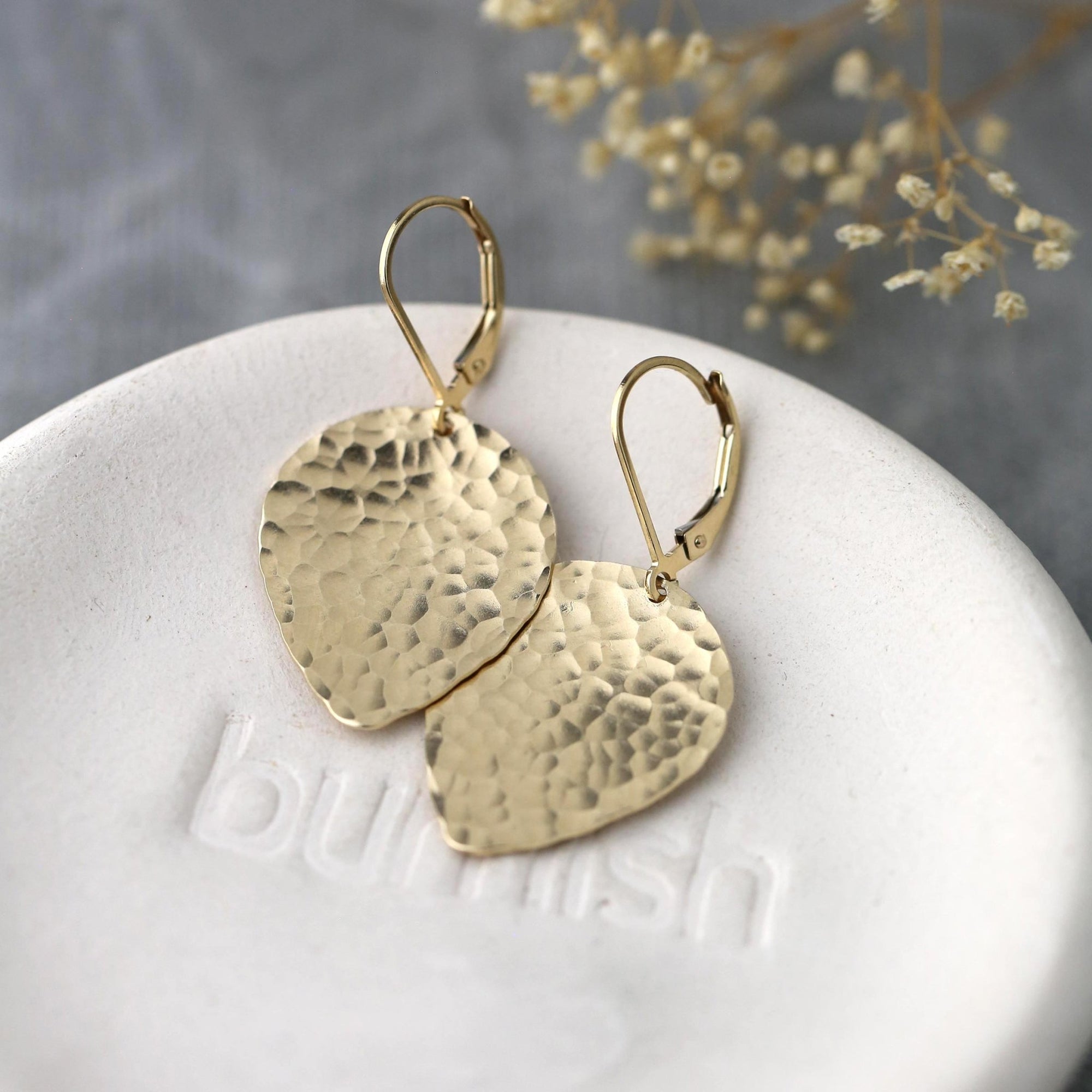 Gold Hammered Petal Drop Earrings jewelry handmade by Burnish