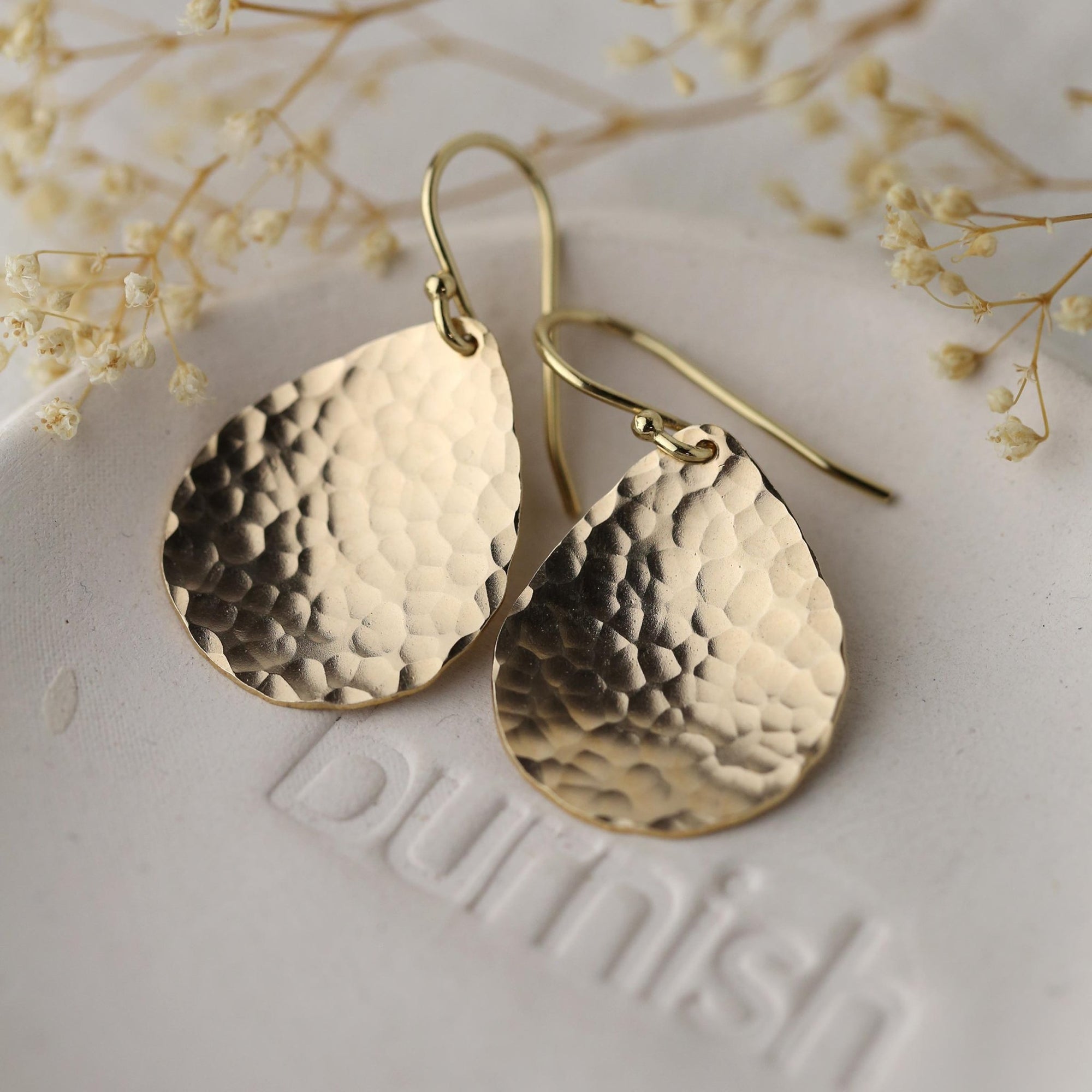 Gold Hammered Teardrop Earrings jewelry handmade by Burnish