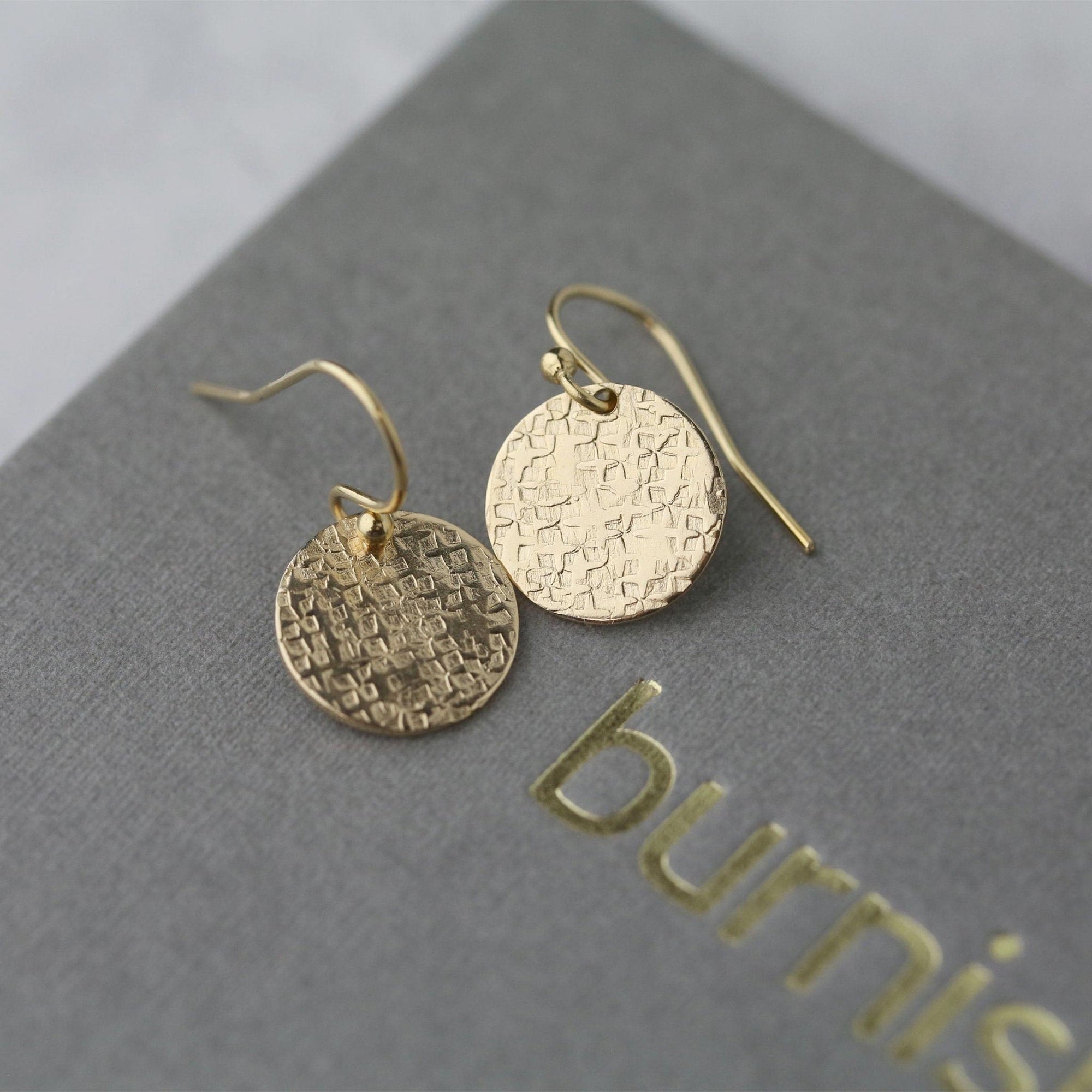 Gold Raw Silk Texture Medium Disc Earrings jewelry handmade by Burnish