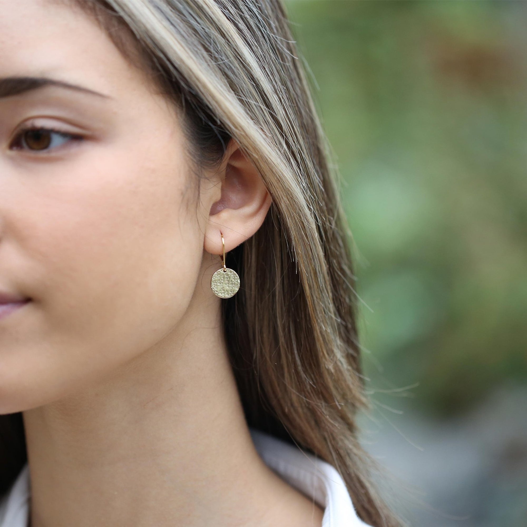 Gold Raw Silk Texture Medium Disc Earrings jewelry handmade by Burnish